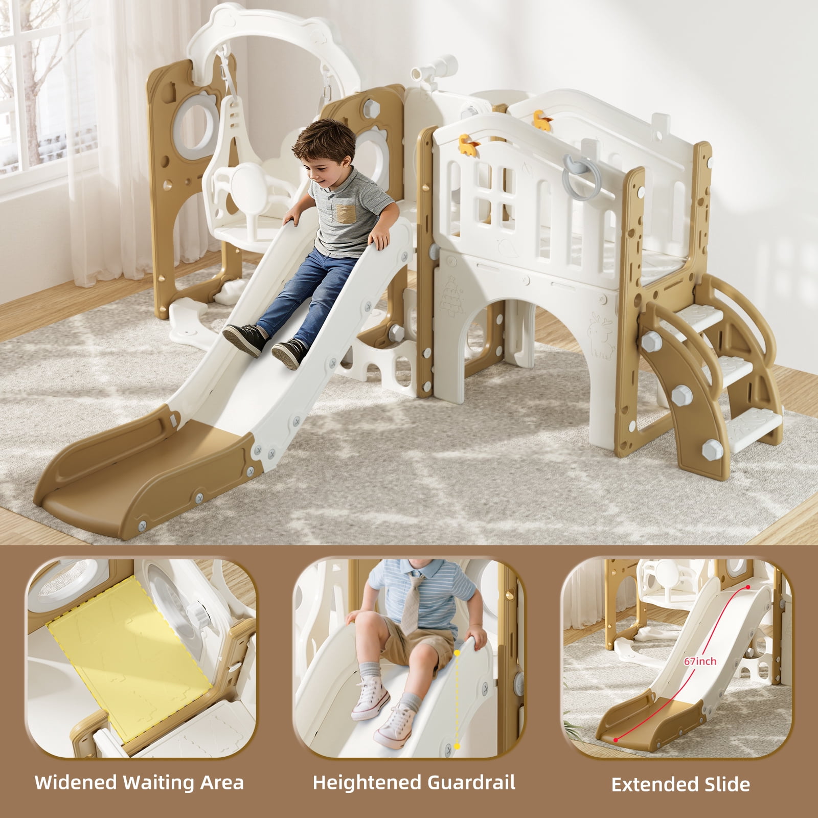 XJD 11-in-1 Toddler Slide and Swing Set, Indoor Outdoor Playground Playset with Basketball Hoop and Climbing Zone (Coffee, 1 Unit) hvqr9