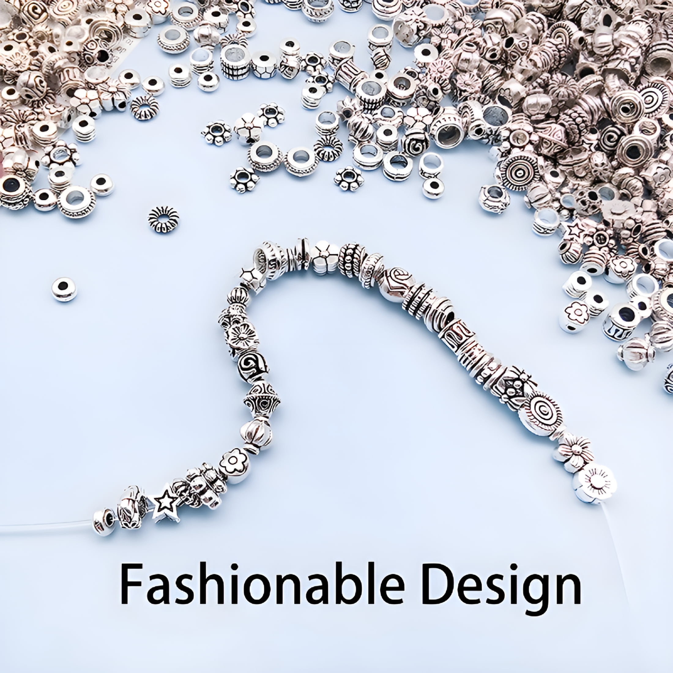 Designice 180Pcs Jewelry Making Spacer Beads, Vintage Silver Plated Large Hole Beads for Bracelets (180 Count) 32xtw