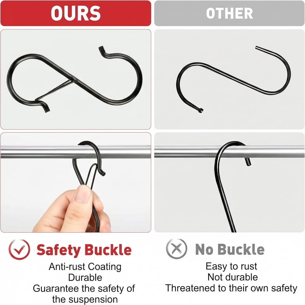Pupug Heavy Duty S Hooks with Safety Buckle for Kitchen and Closet Organization (Black, 15 Pack, 3.5 in) sypok