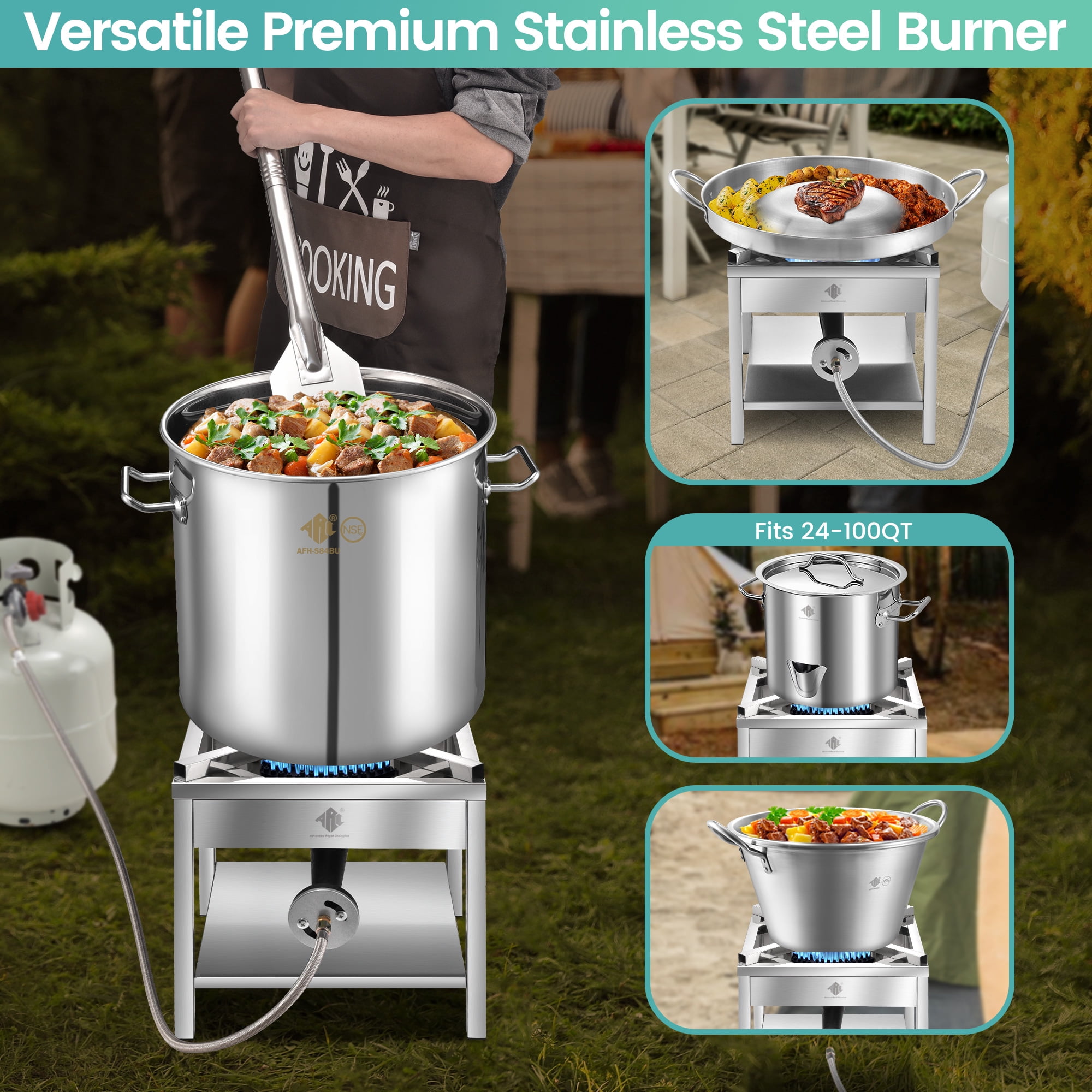 ARC USA 64QT Stainless Steel Seafood Boil Pot with 200,000BTU Propane Burner and Basket (Silver, 64QT) gb80q