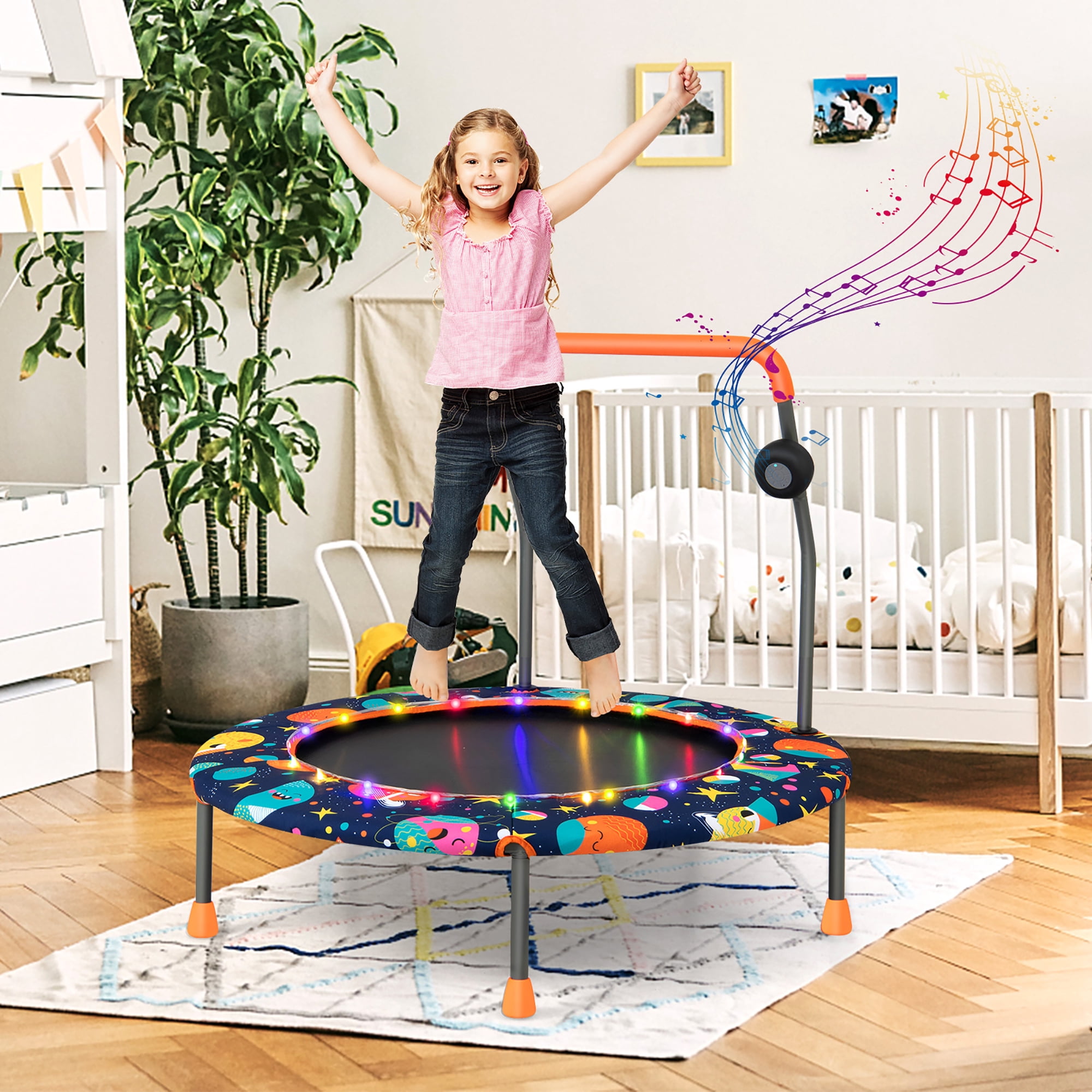 Costway 36 in Mini Toddler Trampoline with LED Lights and Bluetooth Speaker (Blue, 36 in) 8p6xt