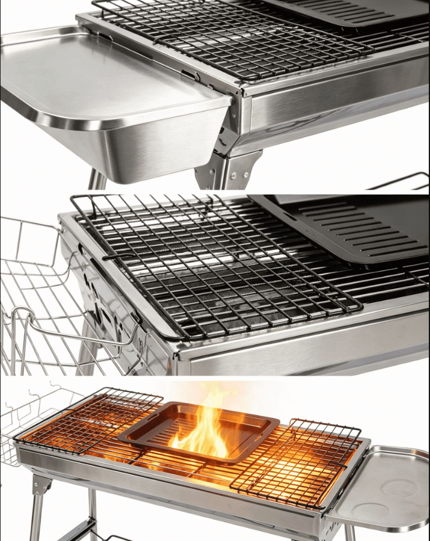 Alvantor Portable Stainless Steel Charcoal Grill, Outdoor BBQ Grill with Storage Shelf and Enamel Tray (Silver, 39.37 in) pzsr1