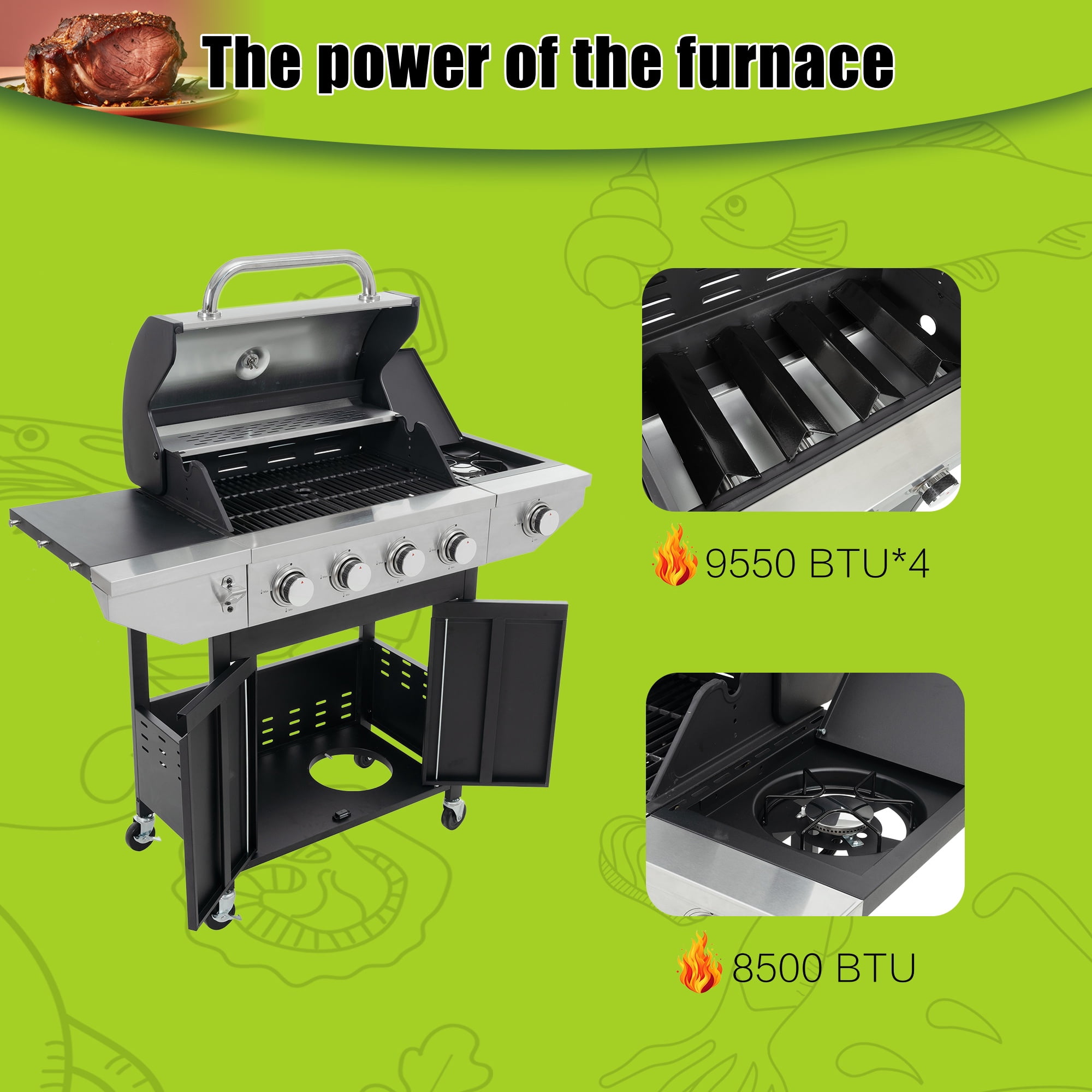 Yardmaster 4-Burner Propane Gas Grill with Side Burner, Stainless Steel Outdoor Barbecue Grill (Black and Silver, 47.2 in x 17.9 in x 45.2 in) 8kwzr
