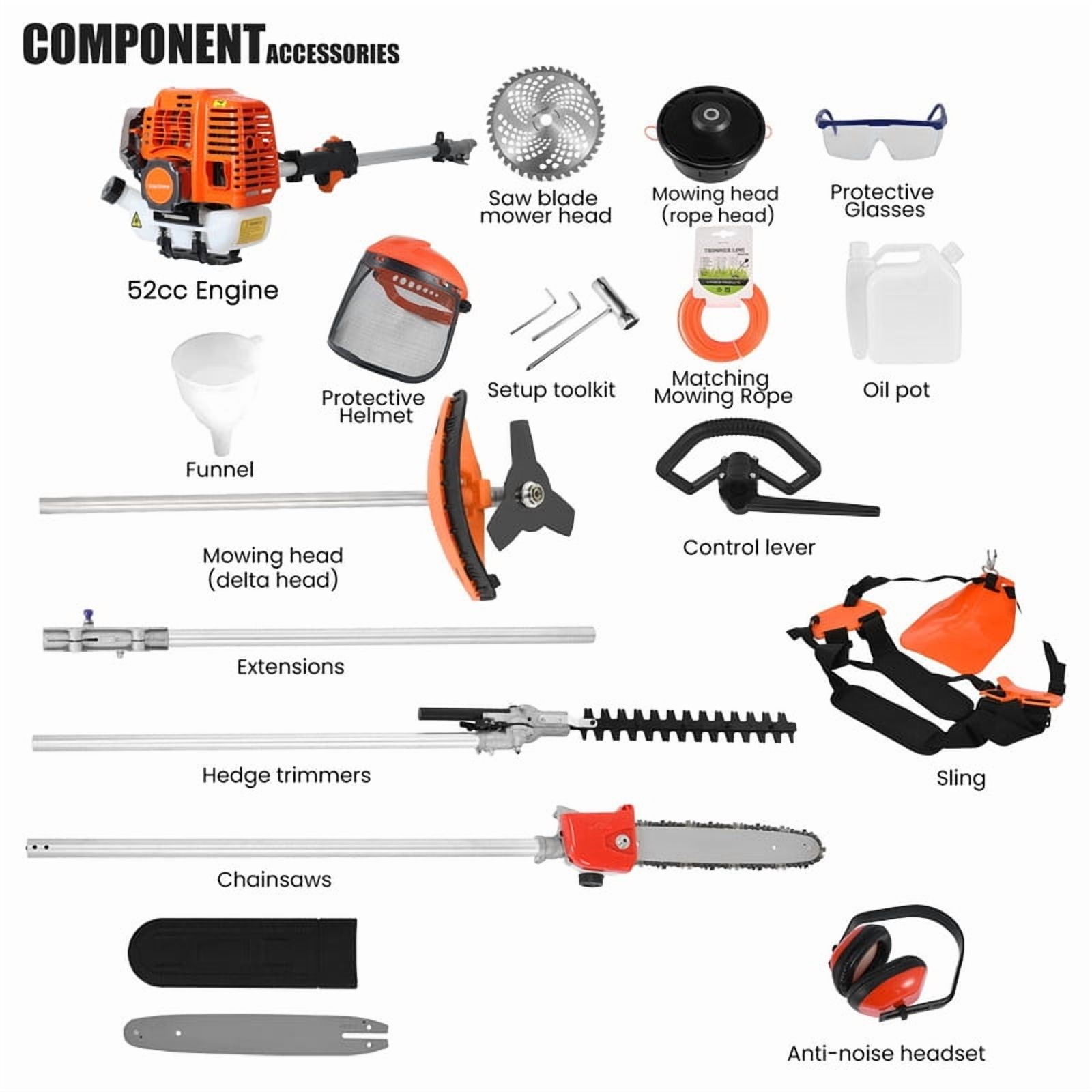 YNCE 5-in-1 Gas Powered Multi-Tool Hedge Trimmer and Brush Cutter (Orange, 52CC Engine) r70bd