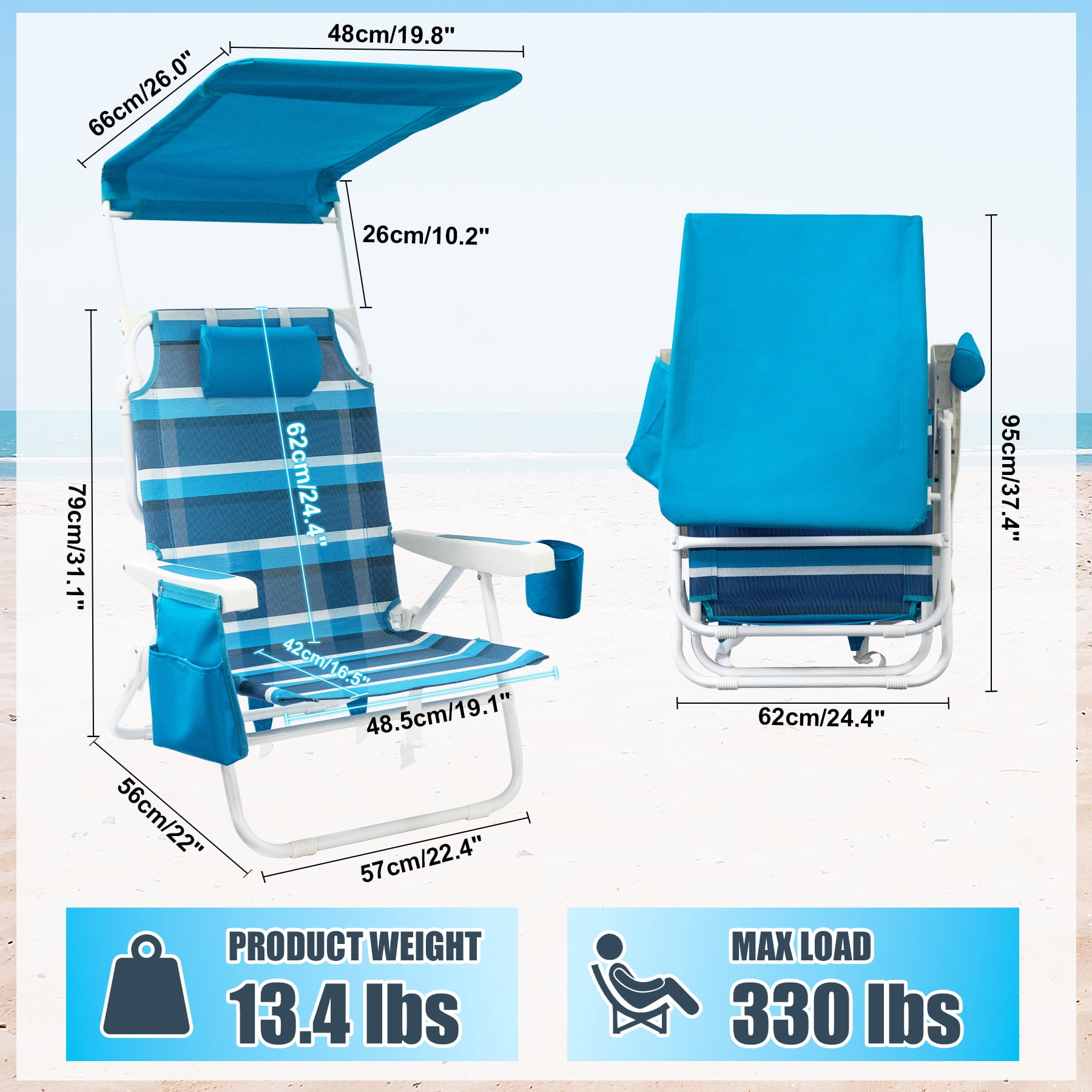 WILDYEE Double Camping Chair Heavy Duty Folding Loveseat with Sun Canopy and Cup Holders (Blue Stripe, 2 Pack) alb5d