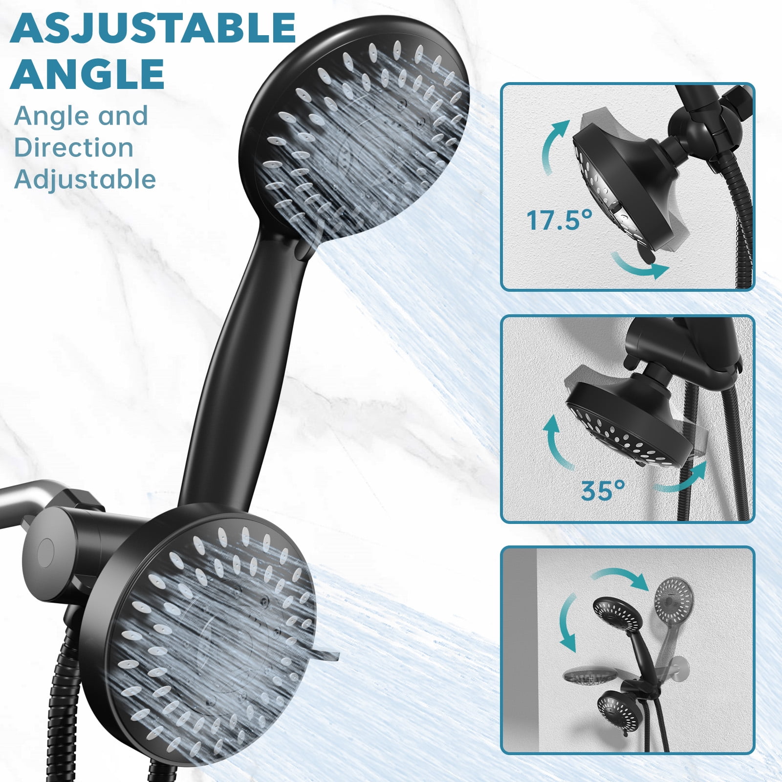 Cshidworld High Pressure Dual Shower Head Combo, 3-Way Rainfall Handheld System with 60 in Stainless Steel Hose (Matte Black) 9xue7