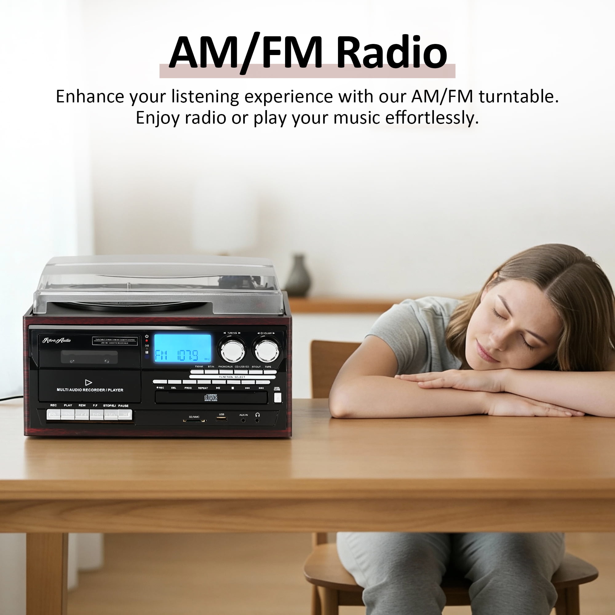 RetroAudio 10-in-1 Vintage Turntable System with Bluetooth, CD, Cassette, AM/FM Radio, and USB Recording (Red) 6i40e