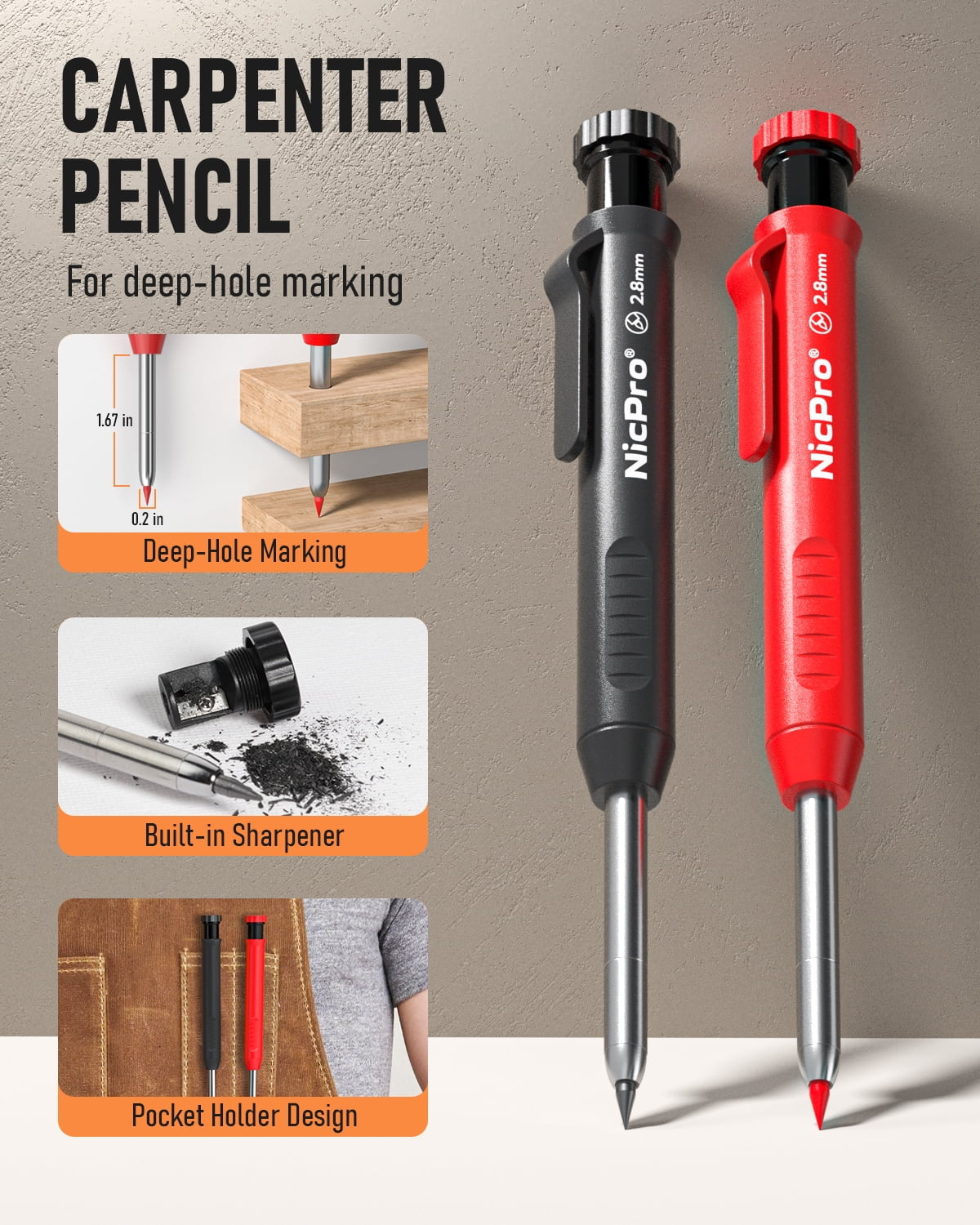 NicPro 2.8 mm Mechanical Carpenter Pencil Set with 26 Refills and Sharpener (Black, Red, Yellow, 2-Pack) q73d3