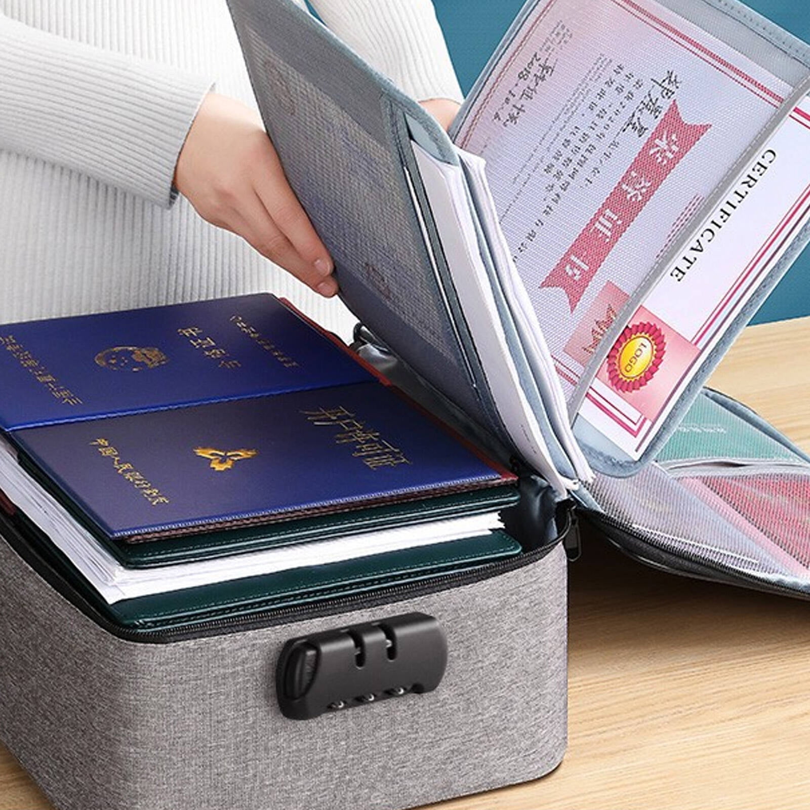 GASTROPOD Fireproof Document Organizer Bag with Combination Lock (Black, 14.6 in x 10.6 in x 4.1 in) pkg3j