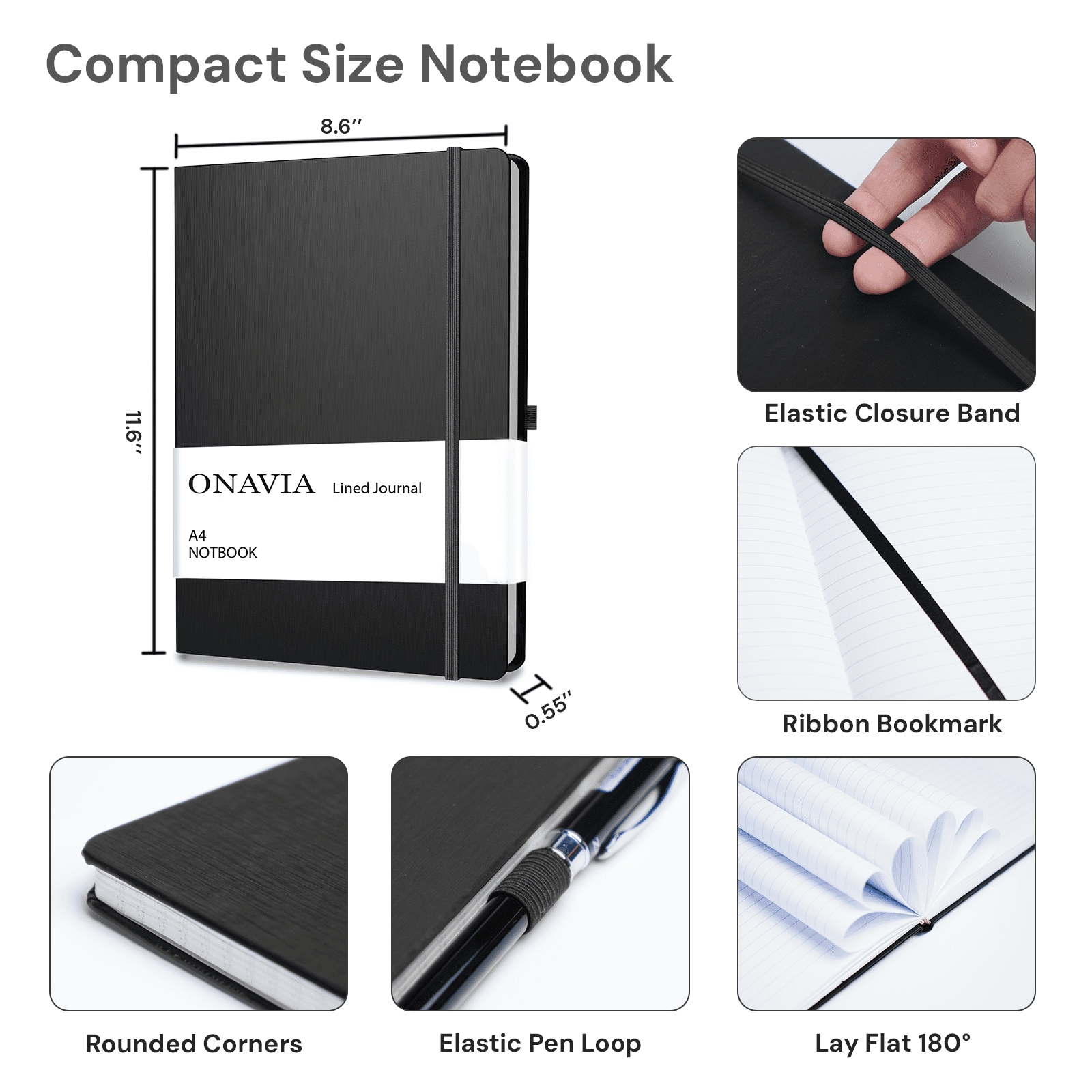 ONAVIA Lined Journal Notebook, Hardcover College Ruled Notepad for Work and School (Black, 3 Pack, 8.27 in x 11.6 in) utidl