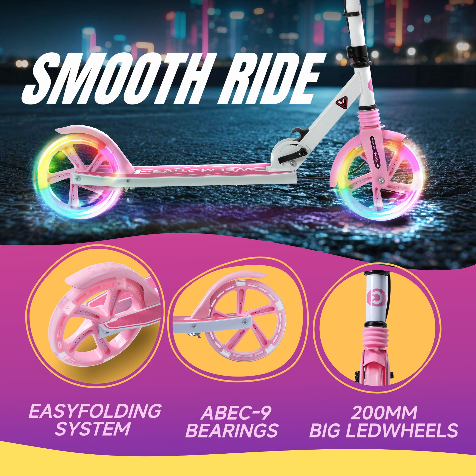 Welmotive Kick Scooter for Kids and Adults with LED Wheels, Dual Braking System, and Adjustable Handlebars (White, 9.6 lb) goi70