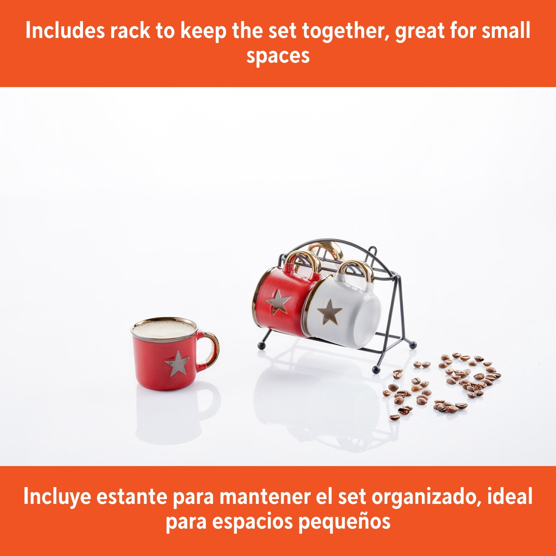 IMUSA Espresso Cup and Saucer Set with Rack (Red and White Star Print, 4 Piece Set) 6ulm6