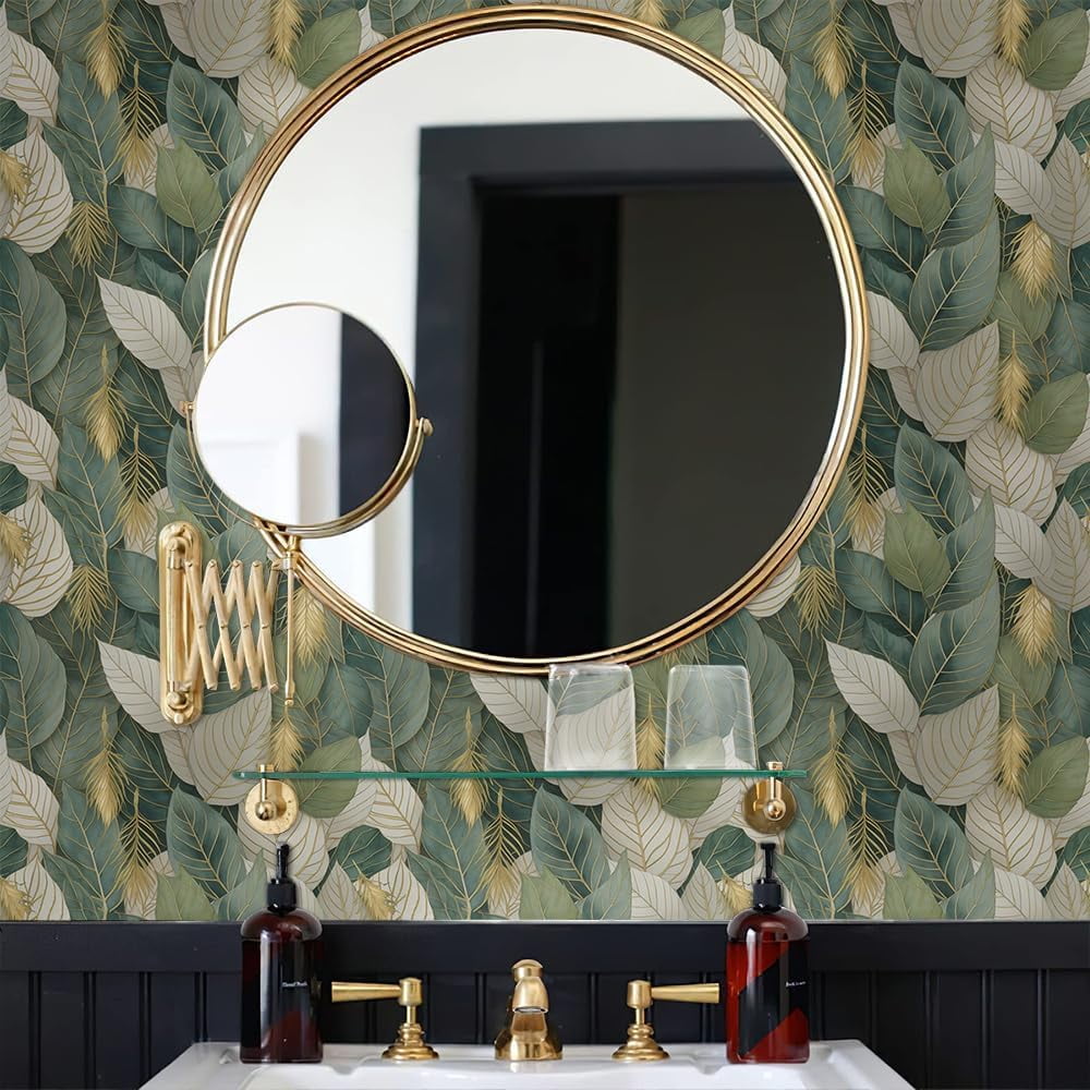 Usachibb Watercolor Floral Peel and Stick Wallpaper, Vintage Gold Leaf Vinyl Contact Paper for Home Decor (Green, 17.3 in x 118.1 in) 6zttj