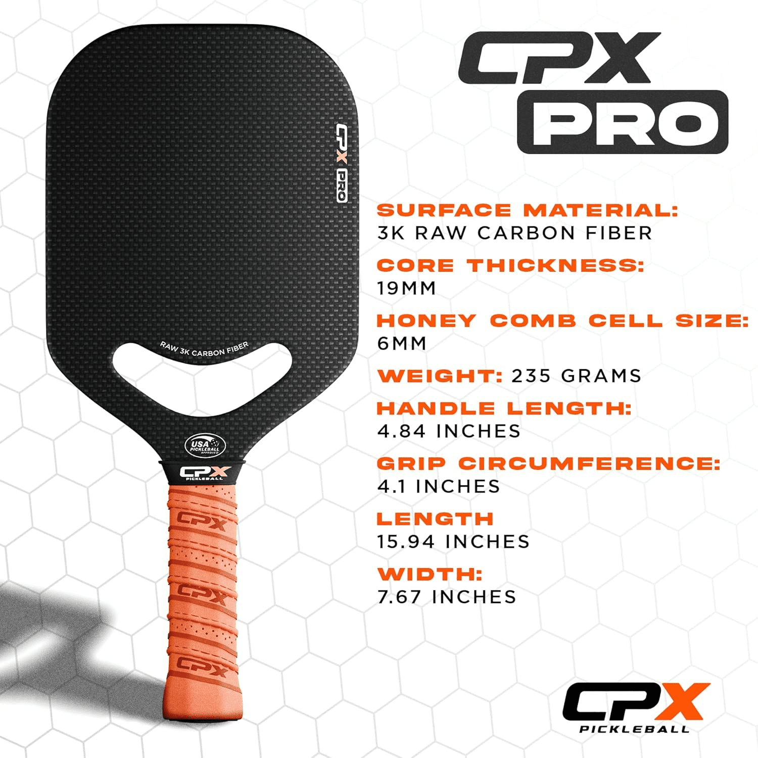 CPX Pickleball Pro Carbon Fiber Paddle (Black, 19mm Honeycomb Core) njp89