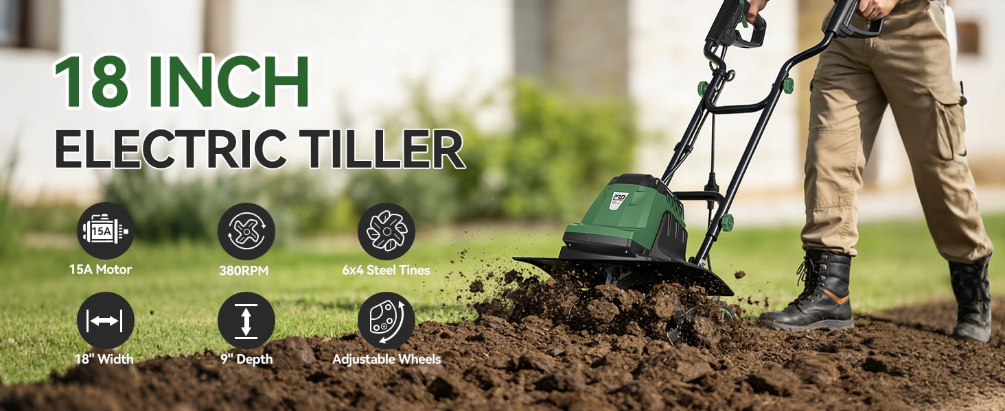 Prostormer 18 inch Electric Garden Tiller, 15 Amp Cultivator with 24 Steel Tines, 8.7 inch Tilling Depth, Adjustable Wheels and Foldable Handle ztou8