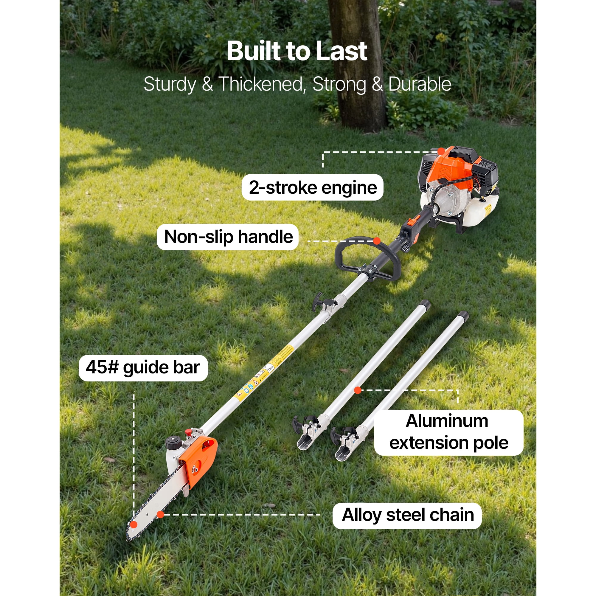 KFFKFF Gas-Powered Pole Saw, 43CC 2-Stroke Engine, 10-Inch Cutting Bar, Adjustable Head, Extendable Reach (Orange, 6.9 to 11.8 ft) g92w3