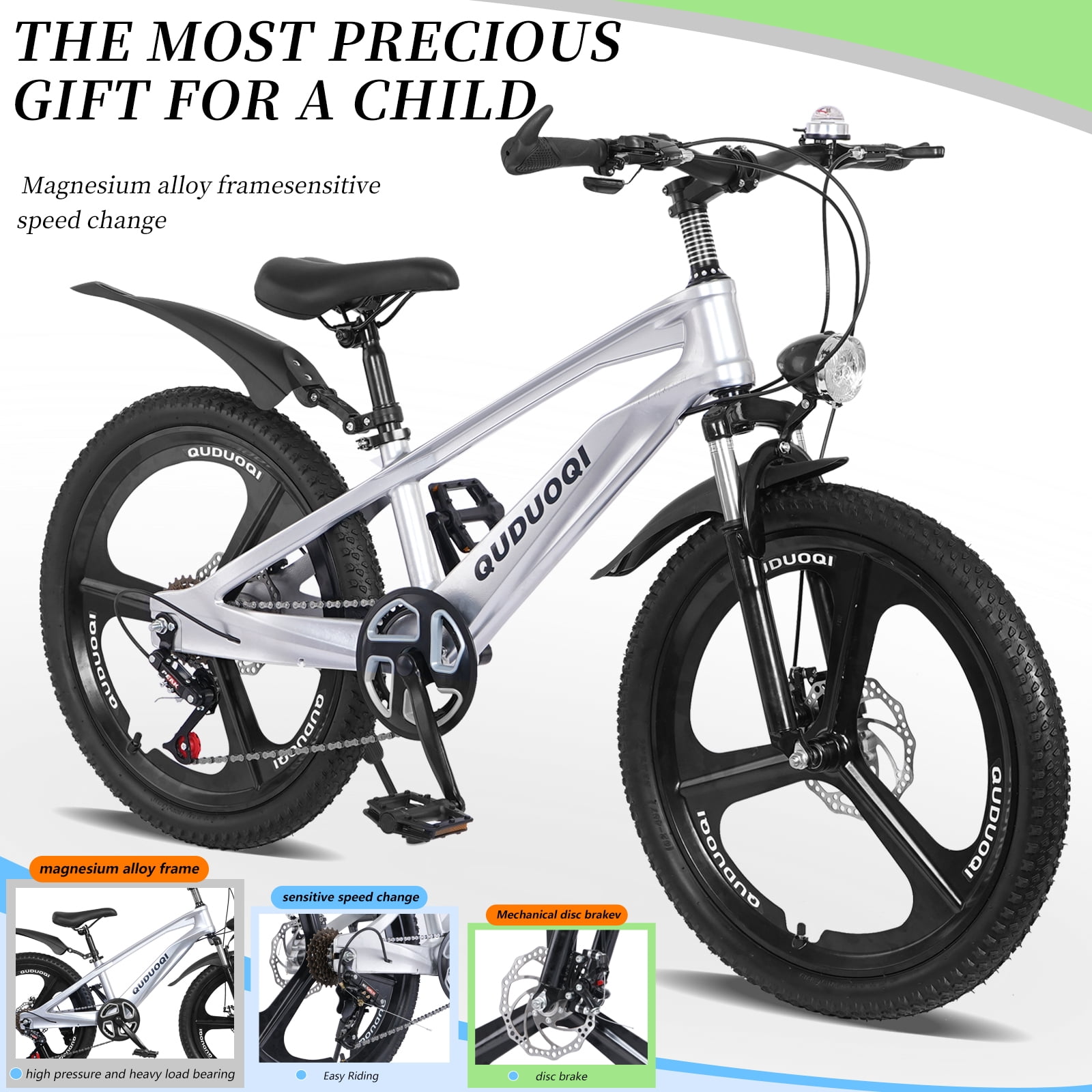 Ambifirner Kids Mountain Bike, 20 in All-Terrain Bicycle with Suspension Fork and 7-Speed Drivetrain (Silver, 20 in) 0q5h2
