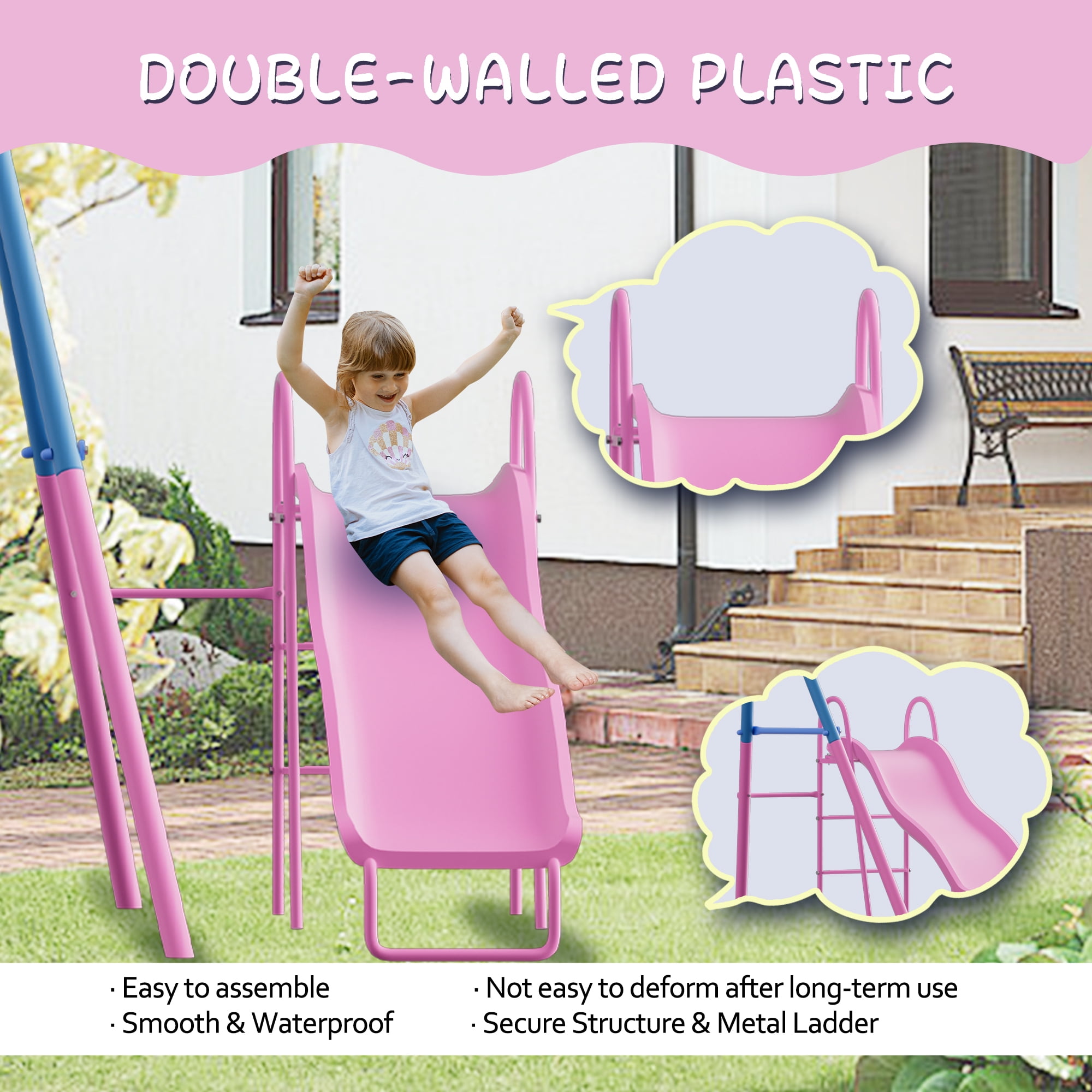 Shengchao Trade Kids Outdoor Metal Swing Set with Slide and Basketball Hoop (Pink, 440 lb) ds88a