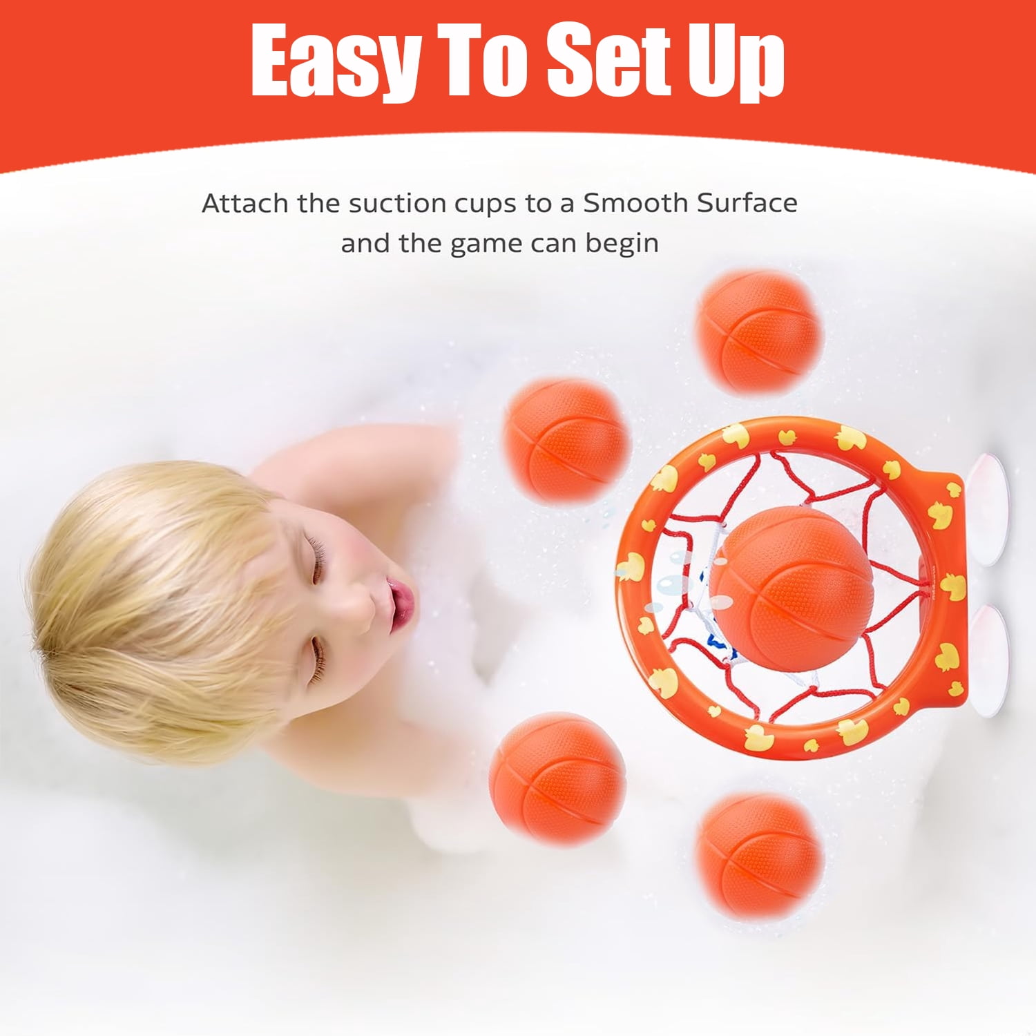Liegorji Bathtub Basketball Hoop Set with 5 Floating Balls (Orange, 1 Set) 9pu2x