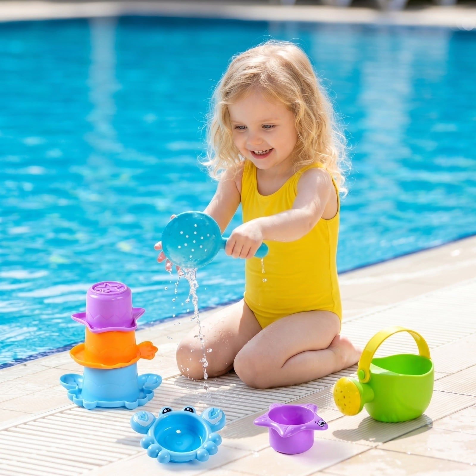 PETTEPBBLEWS Beach Sand Toys Set for Kids, Outdoor Sandbox Activity Kit with Watering Tool, Spoon, and 3 Stacking Cups (Green, 5-Piece Set) e1dol
