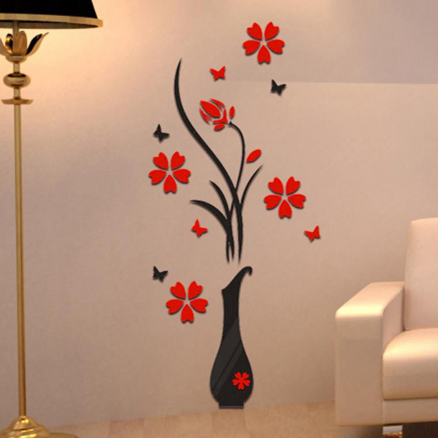 Fdelink 3D Acrylic Wall Decal Vase Flower Tree Art Decor (Black, 31.5 in x 15.7 in) ebdun