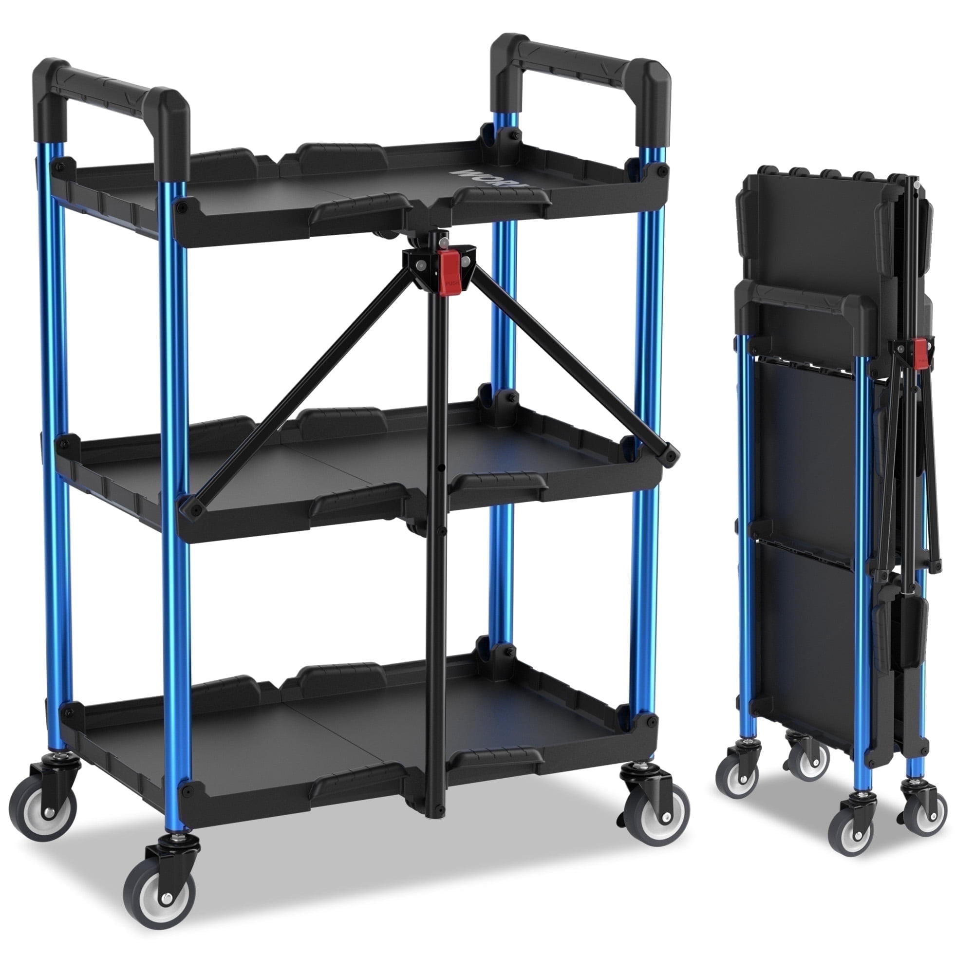 WORKPRO 3-Tier Folding Utility Cart, Heavy-Duty Rolling Service Cart with Swivel Wheels (Blue, 210 lb Capacity) gtndd