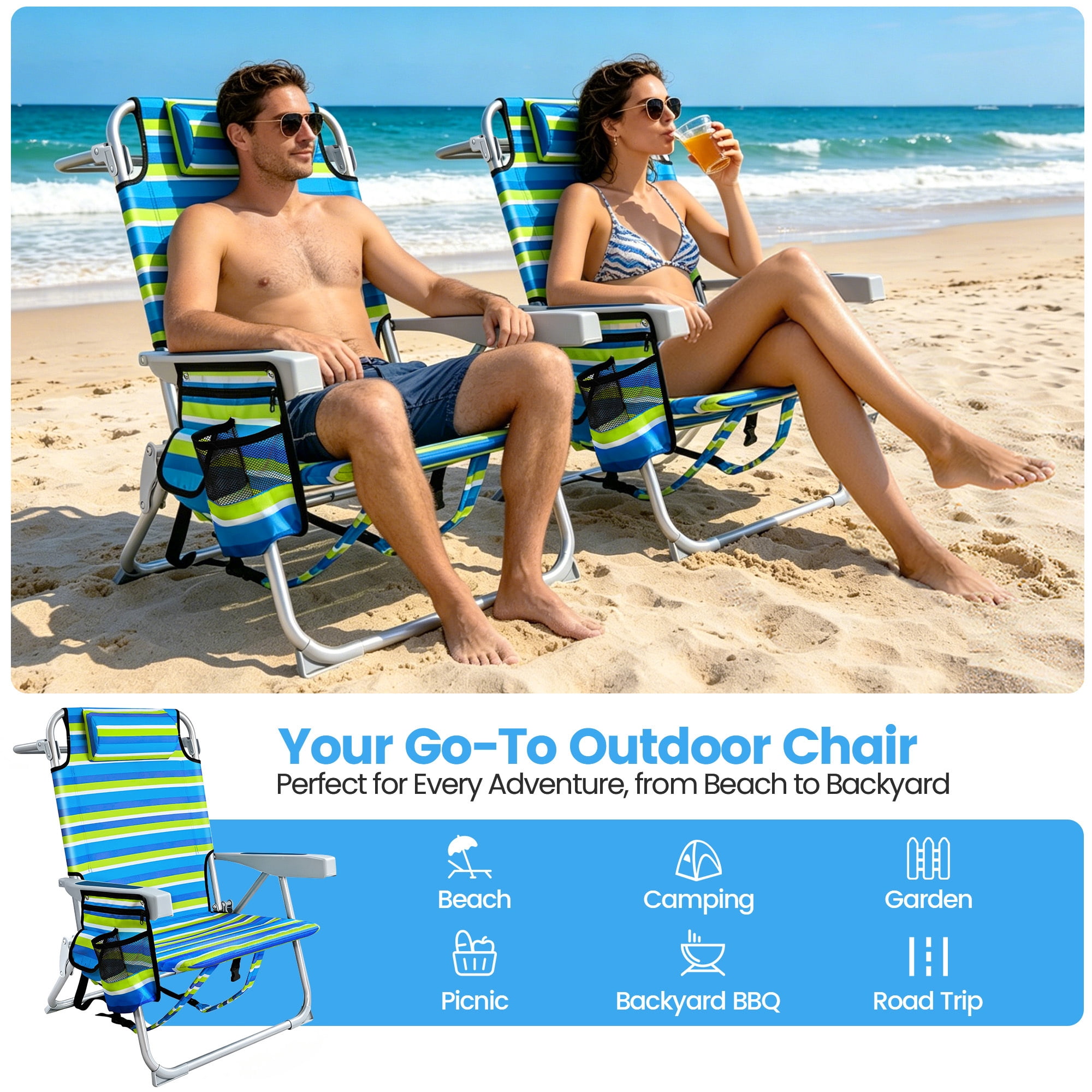 ELFWOLF 5-Position Adjustable Reclining Backpack Beach Chair with Cup Holder and Storage (Blue & Green Stripe, Set of 2) zh5ba