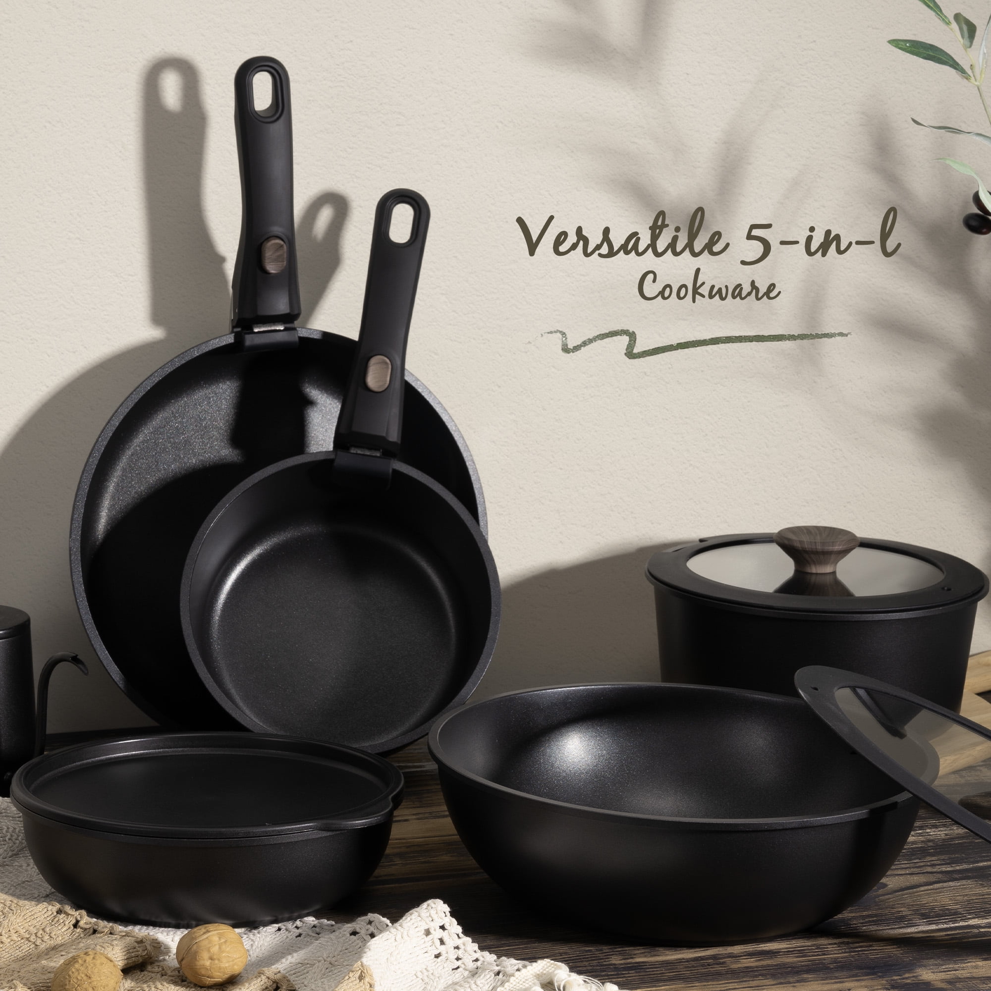 Astercook 20-Piece Nonstick Cookware Set, Detachable Handle Pots and Pans, Induction Compatible, Stackable for RV Kitchen (Black, 20-Piece) fmhtk