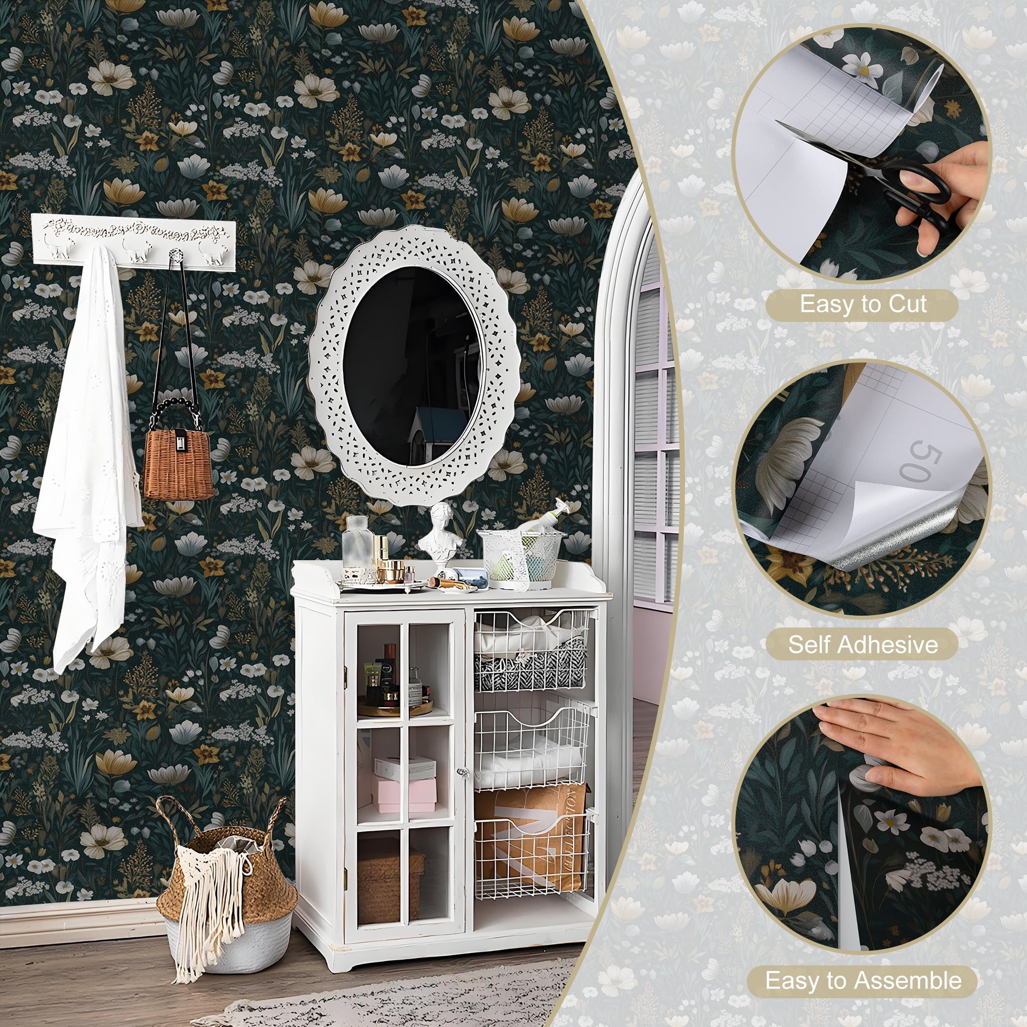 Abyssaly Floral Peel and Stick Wallpaper, Vintage Vinyl Contact Paper for Home Decor (Floral, 17.3 in x 393.7 in) 6099a