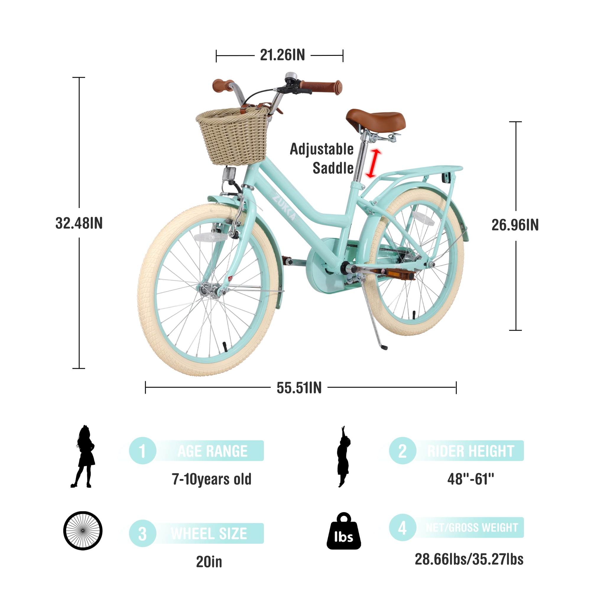SHINPT 20-inch Girls Bicycle with Basket and Rear Rack, Lightweight Carbon Steel Frame (Mint Green, 20 in) tts25
