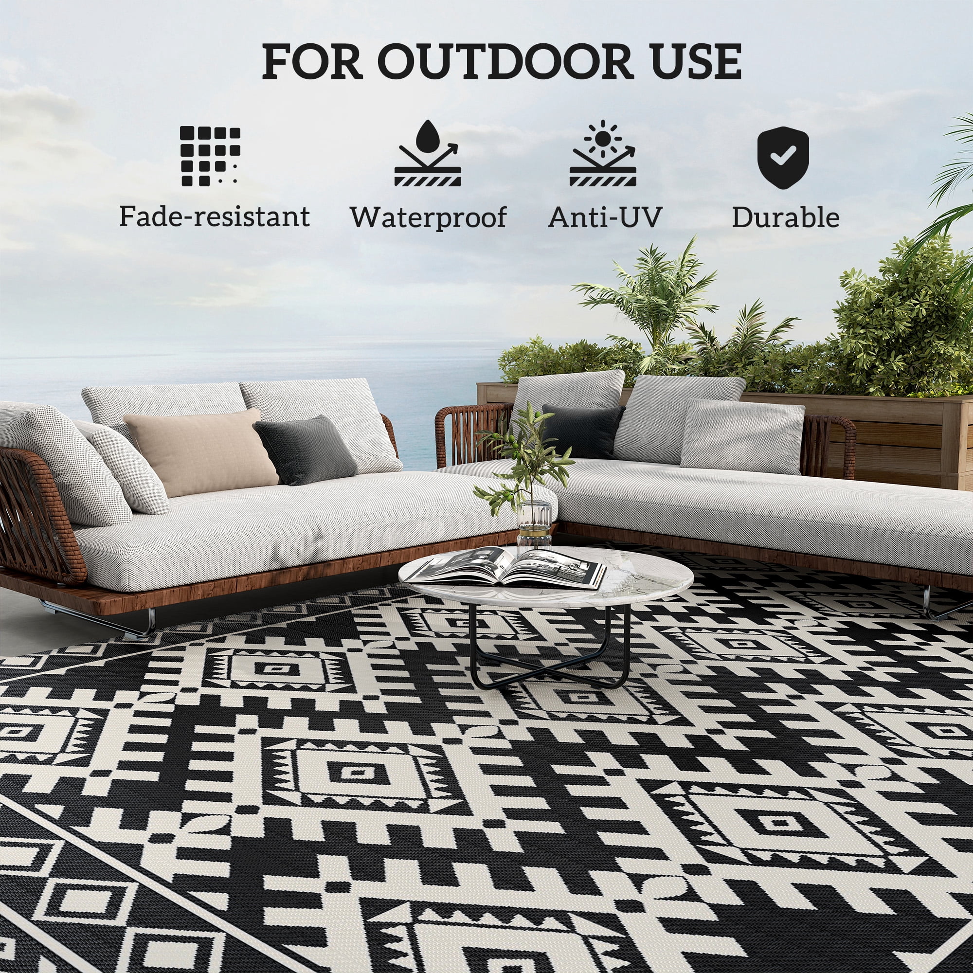 Outsunny Outdoor Patio Rug, Reversible Waterproof Camping Carpet for RV and Garden (Black & White, 9 ft x 18 ft) hr99e