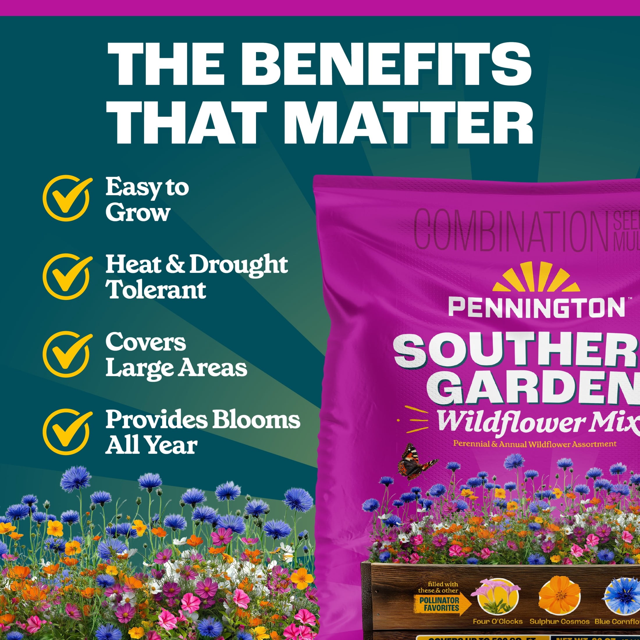 Pennington Wildflower Seed Mix, Southern Region Garden Blend, Pollinator-Friendly Annuals and Perennials (32 oz) uoowy