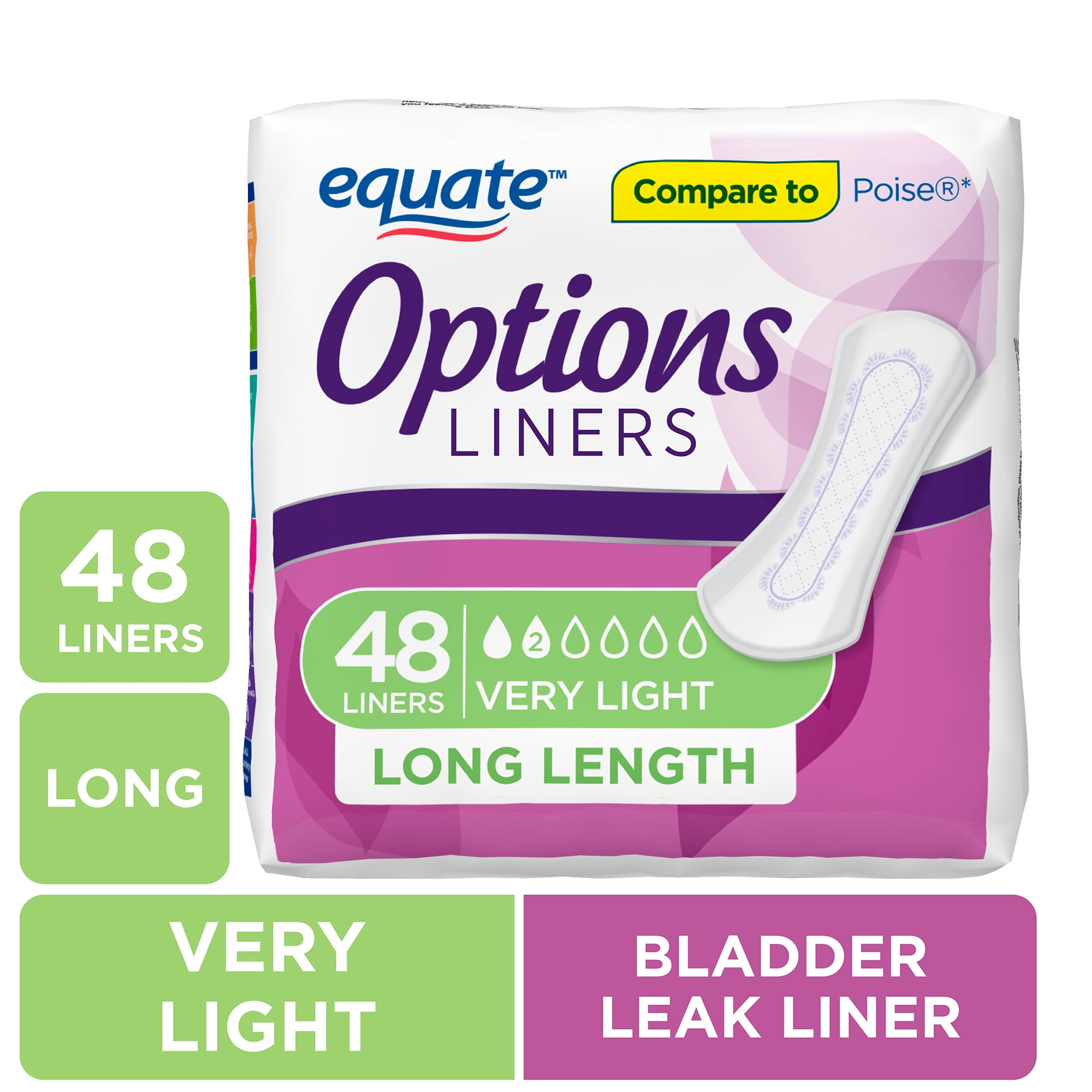 Equate Options Women's Incontinence Pads, Very Light Absorbency, Long Length (Size 2, 48 Count) wr0xo