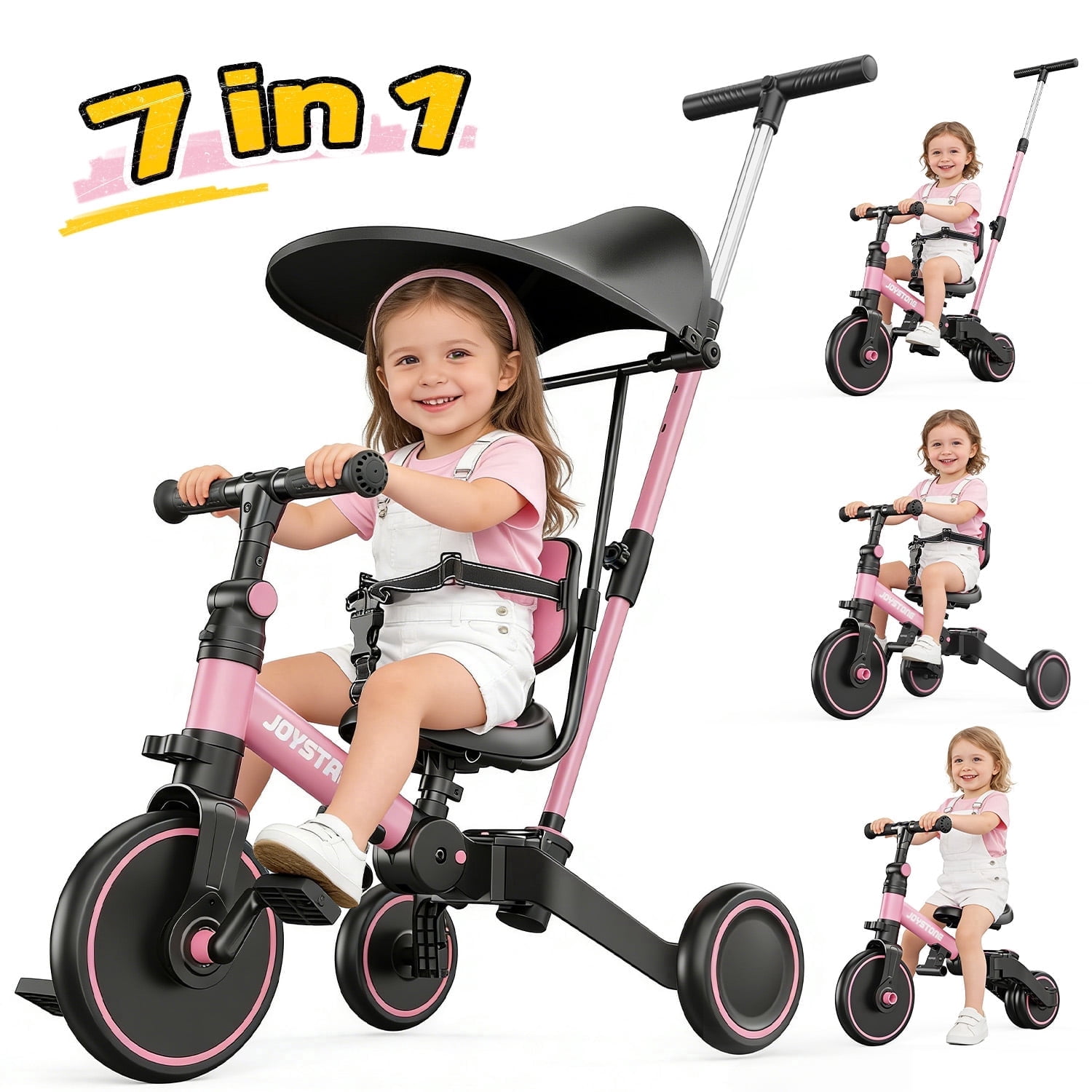 JoyStone 7-in-1 Foldable Toddler Tricycle and Balance Bike with Parental Control Handle and Adjustable Canopy (Pink) p8g8q