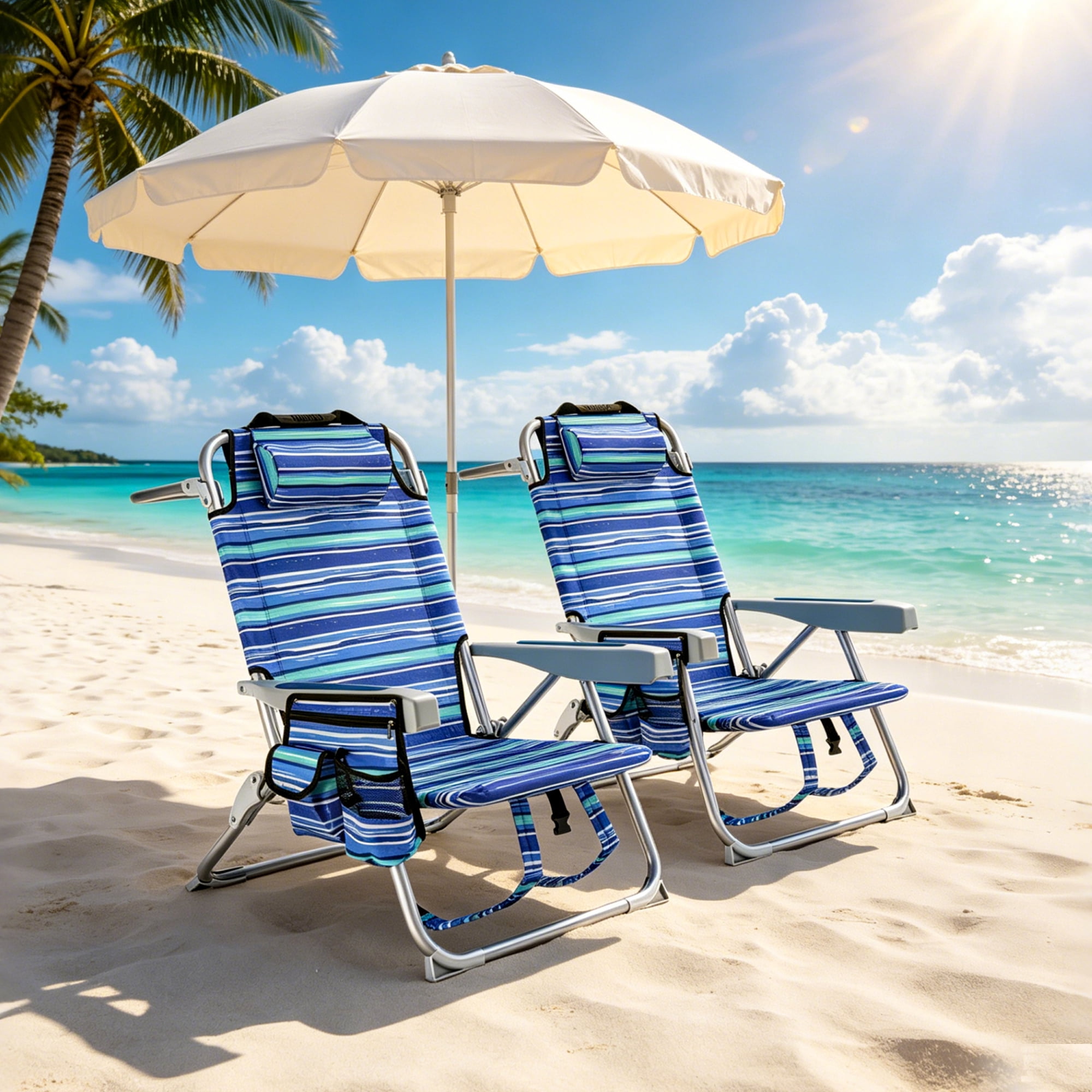 GVDV Portable Folding Beach Chair Set, 4-Position Adjustable Reclining Outdoor Seat with Cup Holder and Towel Bar (Blue, 2-Pack) s4l63