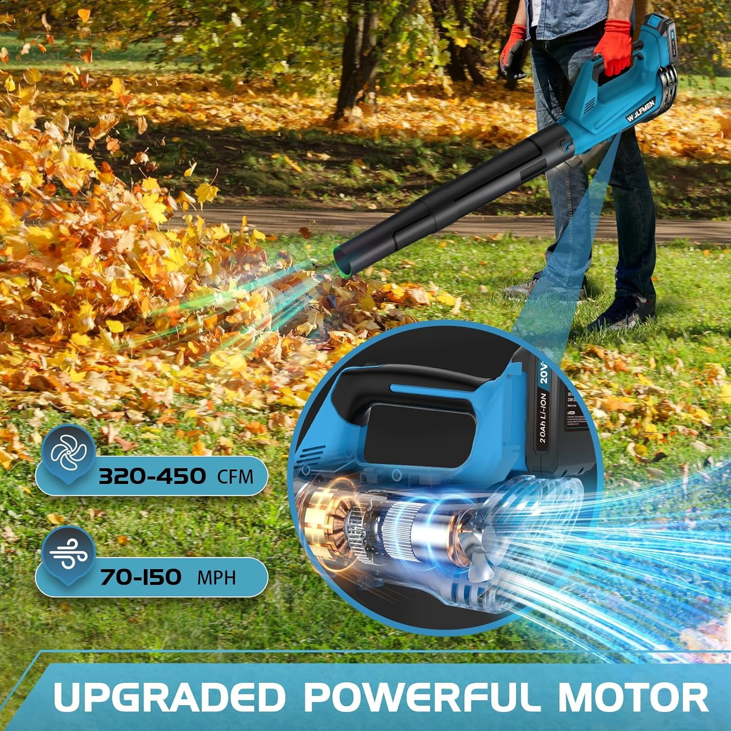 Generic Cordless Leaf Blower 450CFM 150MPH 6-Speed Electric Handheld Blower with 2 Batteries and Charger (Blue, 3.8 lb) 9piph