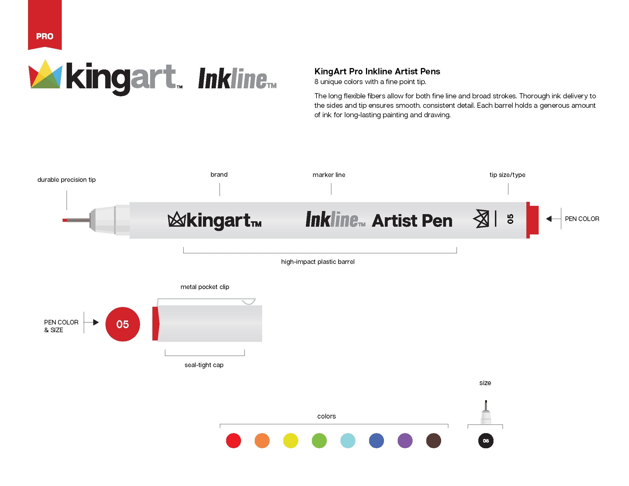 KINGART Inkline Fine Line Art Pens Set (8 Colors, 0.02 in) 8o70r