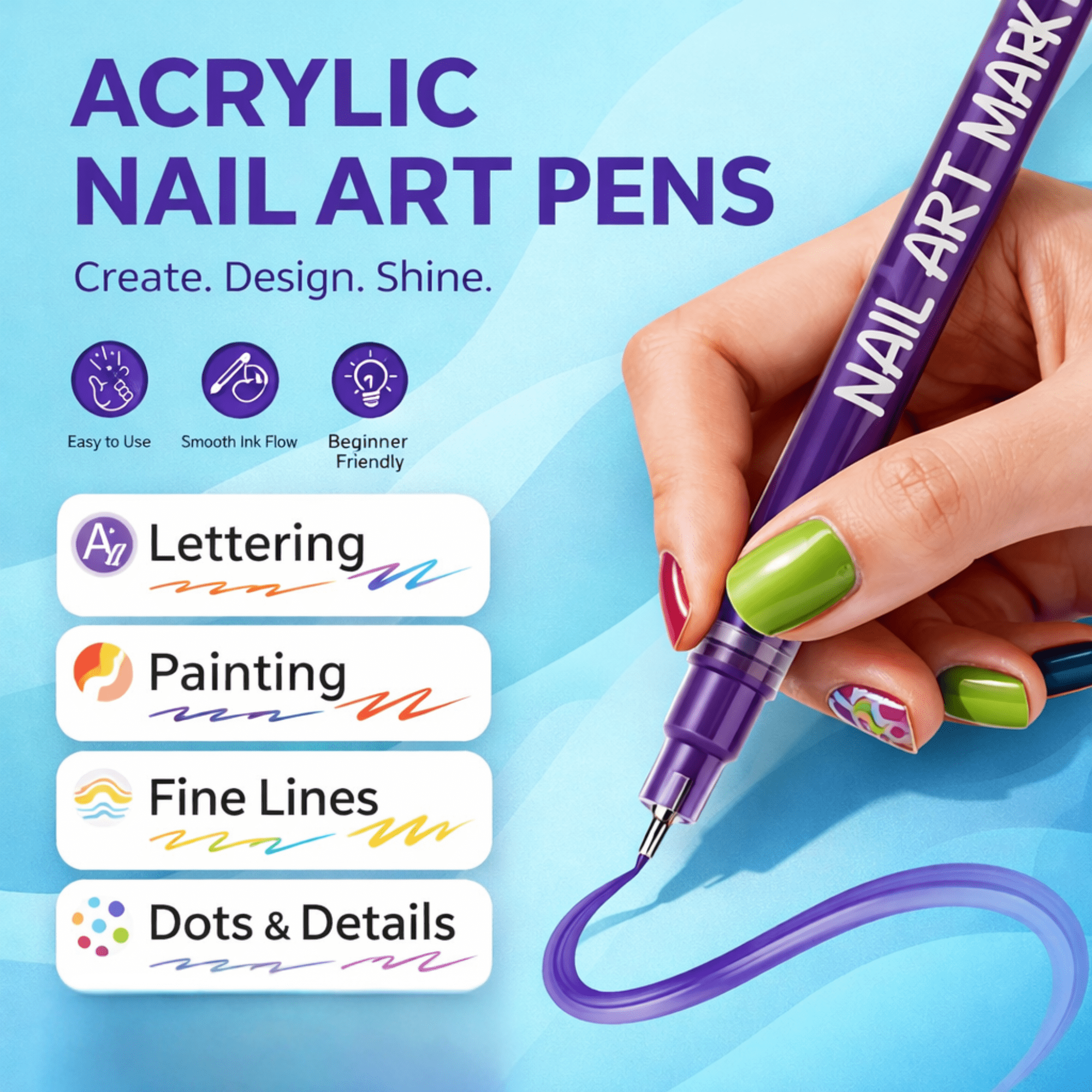 Herbiar 3D Nail Art Pen Set (12 Colors, 0.5mm Fine Tip) Waterproof DIY Manicure Design Markers k734u