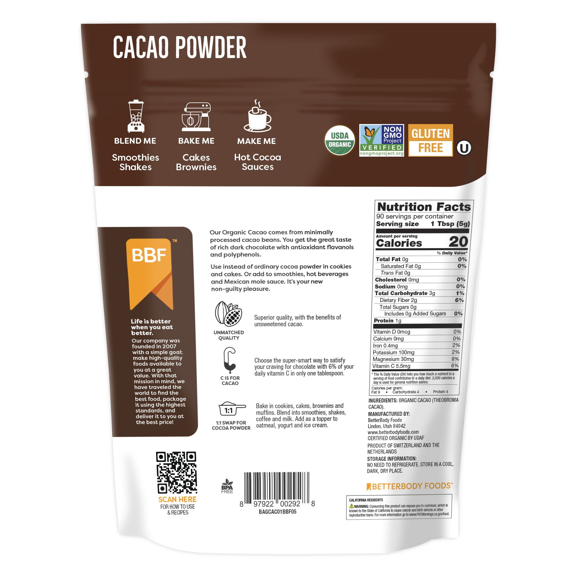 BetterBody Foods Organic Cacao Powder, Gluten-Free Baking and Smoothie Ingredient (5 Pack, 16 oz) m6iml