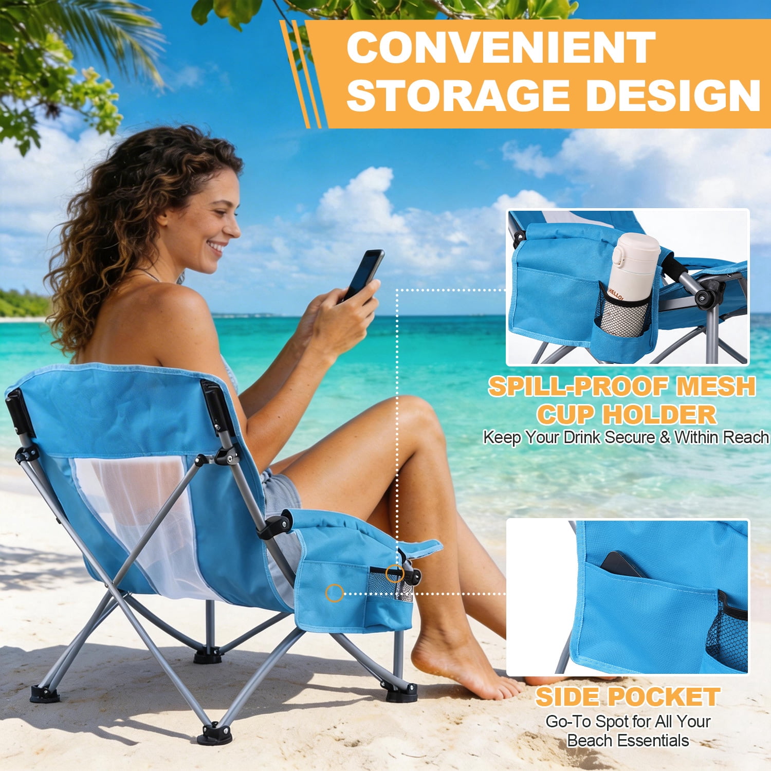 Coliware Folding Low Beach Chair, Portable Camping Chair with Side Cup Holder & Storage, Heavy Duty Outdoor Seat (Blue, 2-Pack) 3nugm