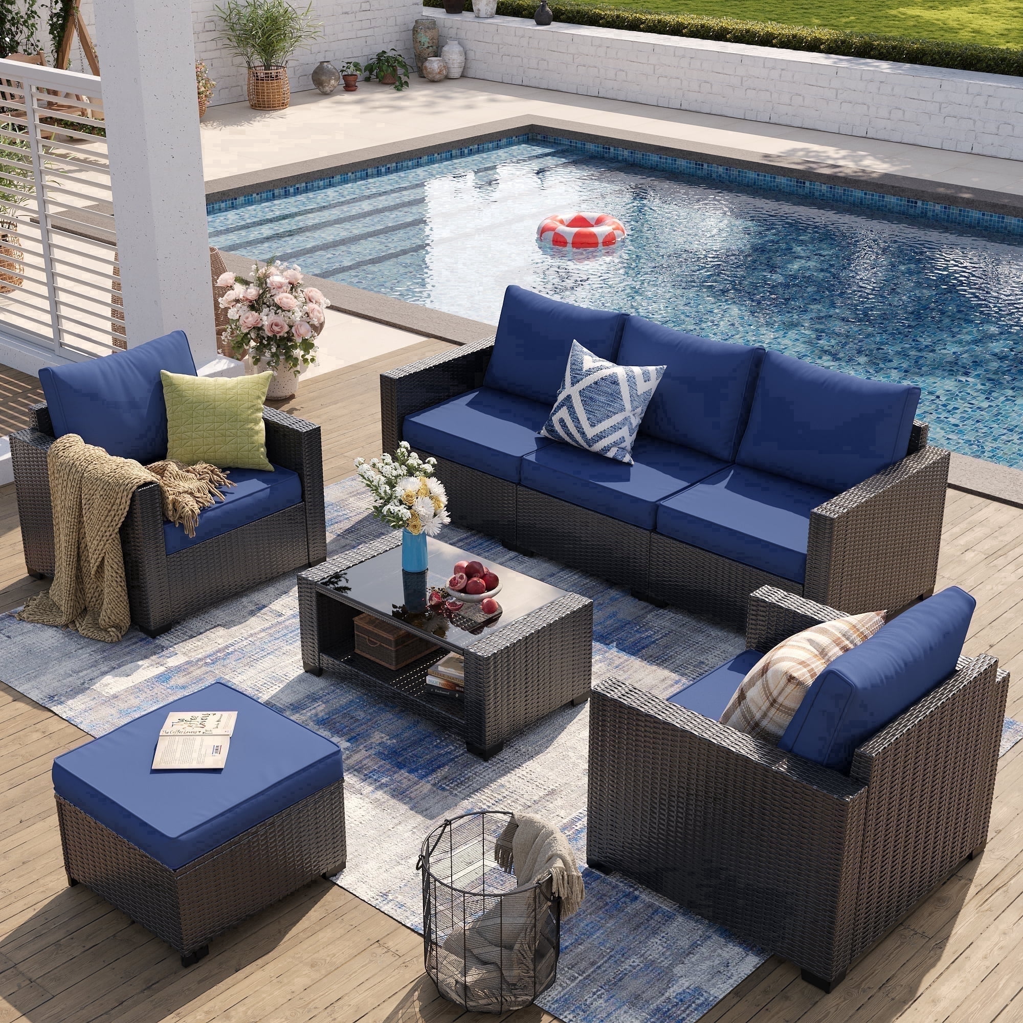 Gasee 7-Piece Outdoor Patio Furniture Set, Rattan Sectional Sofa with Coffee Table (Navy Blue, 7 Pieces) kw1mu