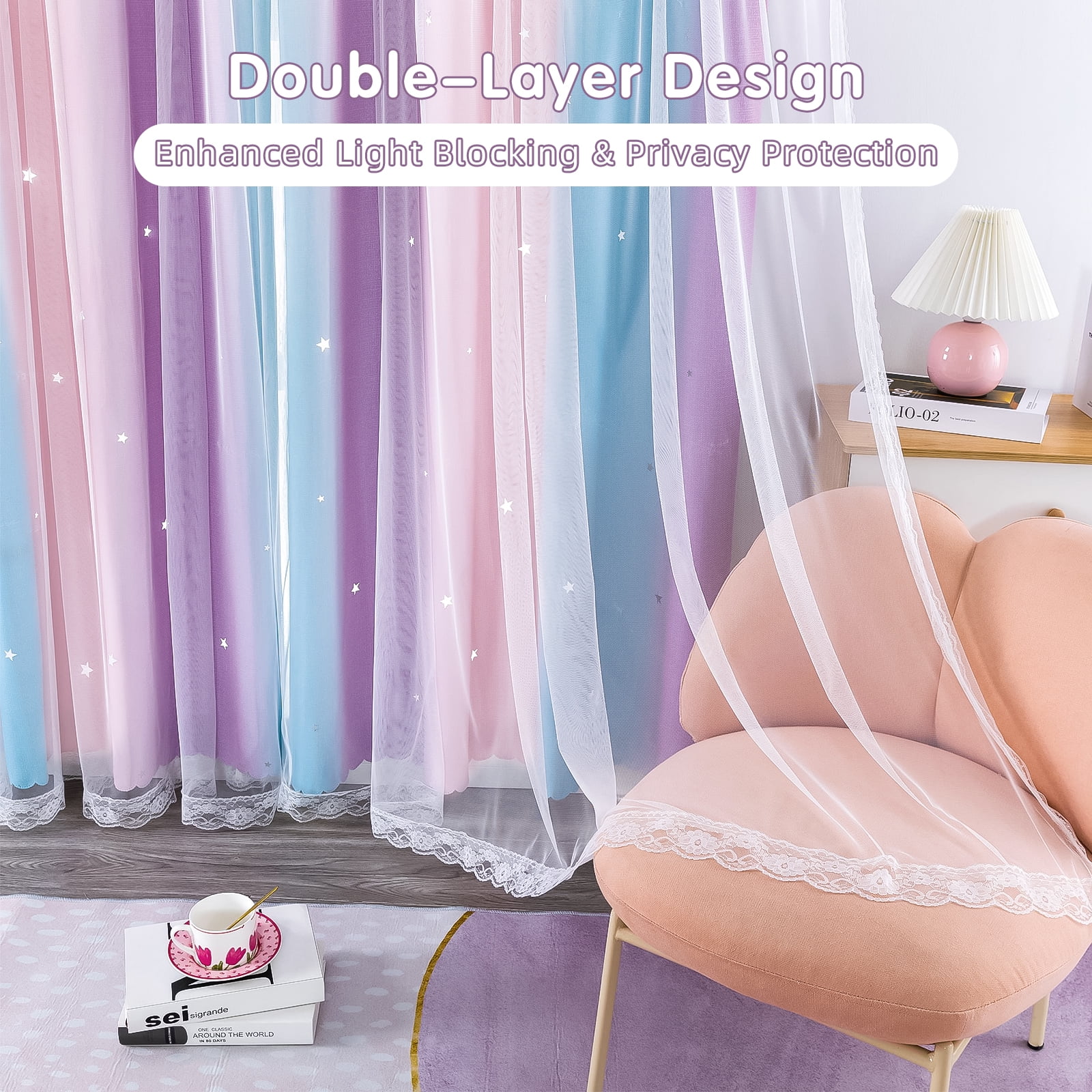 CshidWorld Blackout Curtains for Girls Bedroom, Double Layer Star Cut Out Drapes with Sheer Tulle Overlay (Pink, 52 in x 63 in, 2 Panels) 42w51