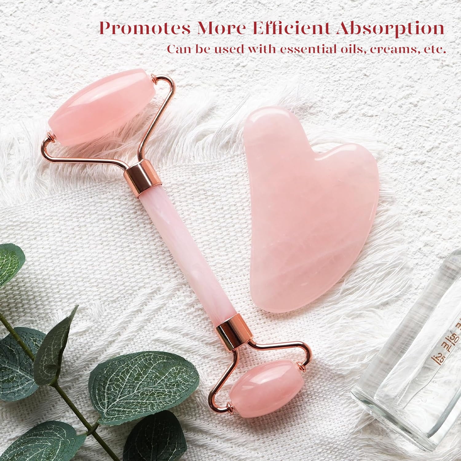 Beakey Jade Roller and Gua Sha Set, Natural Stone Facial Massage Tool for Skin Toning and Puffiness Relief (Pink, 2 Piece Set) v1eny