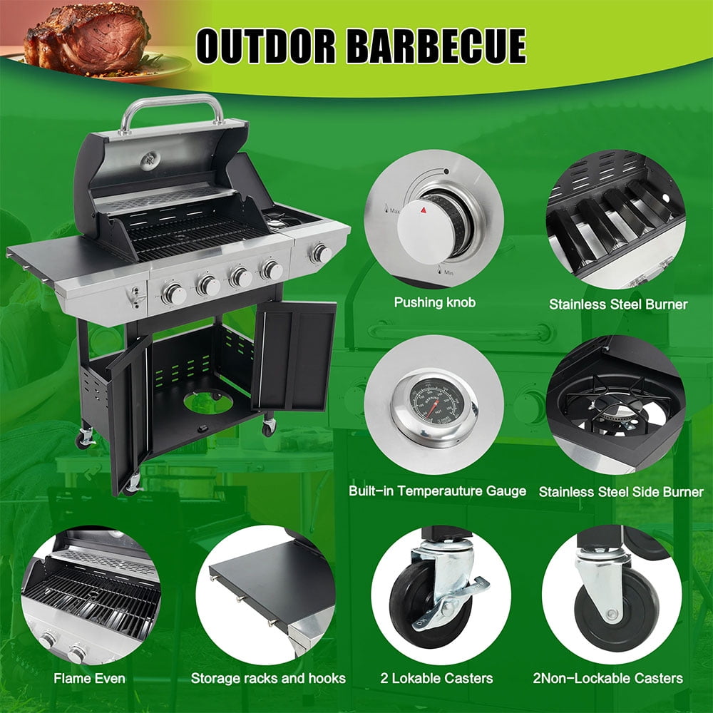 Lohasly 4-Burner Propane Gas Grill with Side Burner (Black, 562 sq. in. Cooking Area) umx2o
