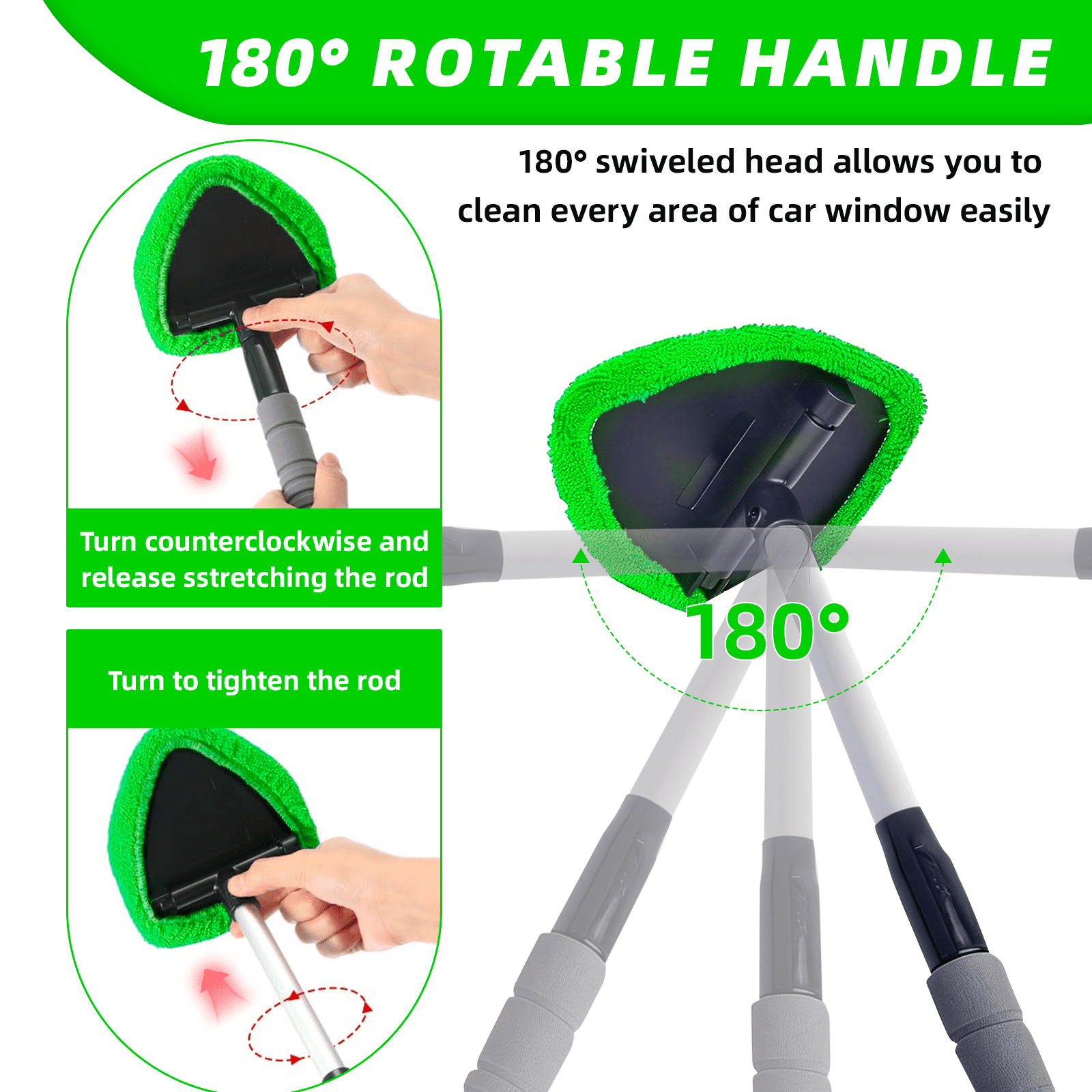 Swartisfad Windshield Cleaning Tool with Extendable Handle and 3 Microfiber Pads (Green, 1 Kit) p7a74