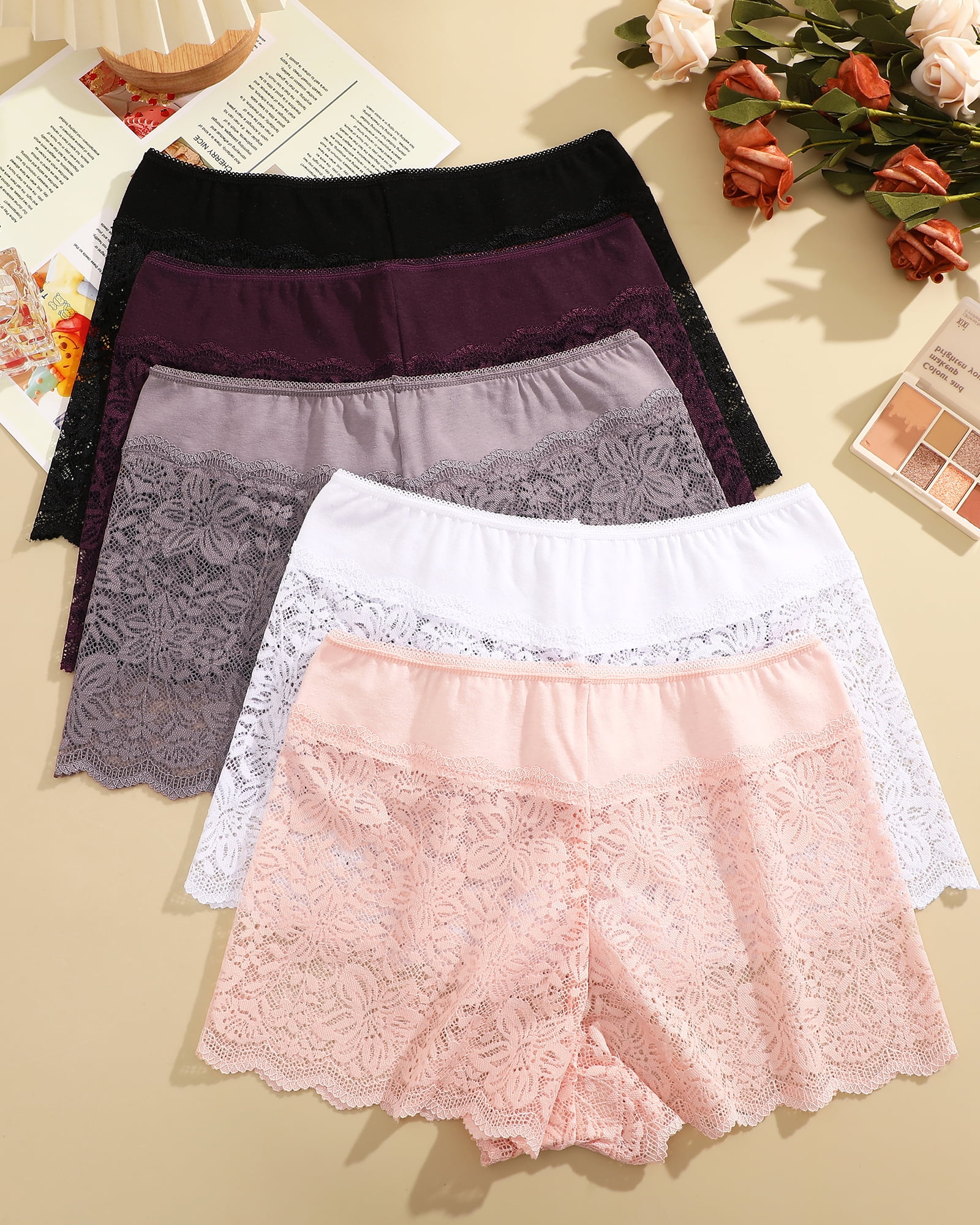 Finetoo Women's Lace Boyshort Panties Breathable Floral Embroidery Cheeky Underwear (Assorted Colors, 6 Pack) i8pwe