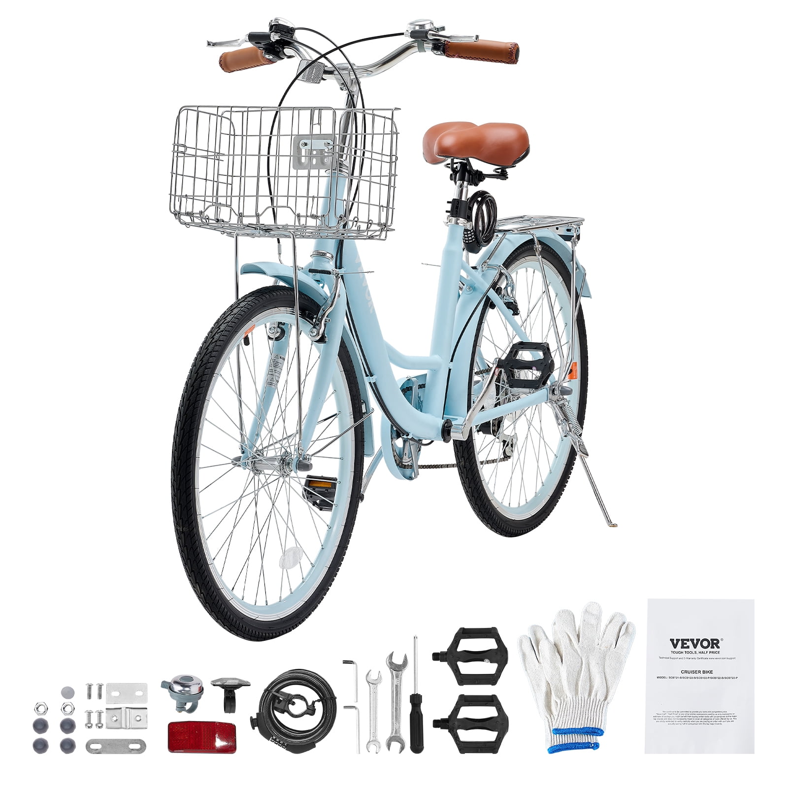 VEVOR 7-Speed Beach Cruiser Bike, 24-Inch Wheel Comfort Bicycle with Basket and Rear Rack (Light Blue, 24 in) f8yng