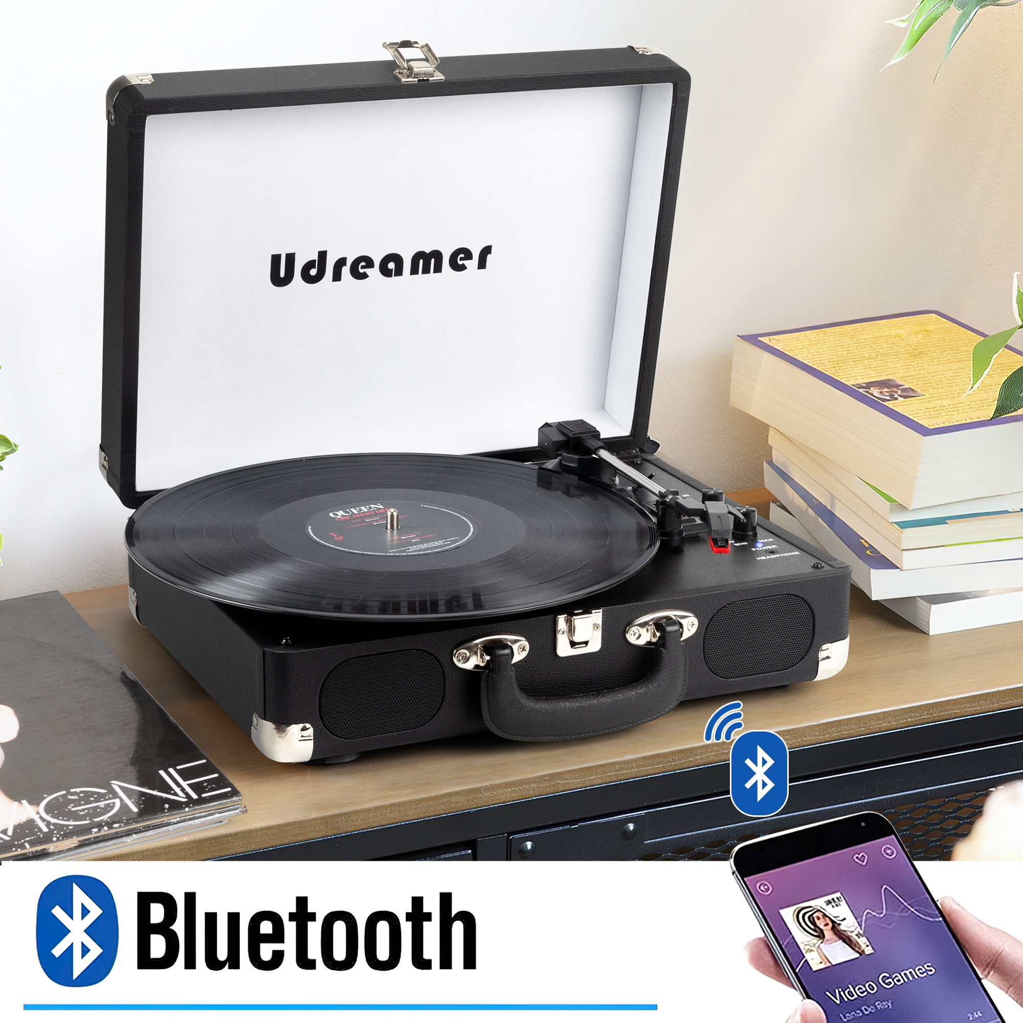 Udreamer Portable Suitcase Vinyl Record Player with Built-in Speakers (Black) 61avj
