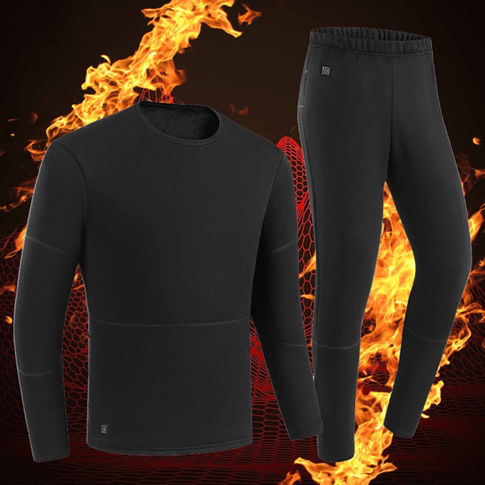 Maqroz Mens Heated Thermal Underwear Set (Black, Large) Long Sleeve Crewneck Top and Leggings Base Layer 8cw52