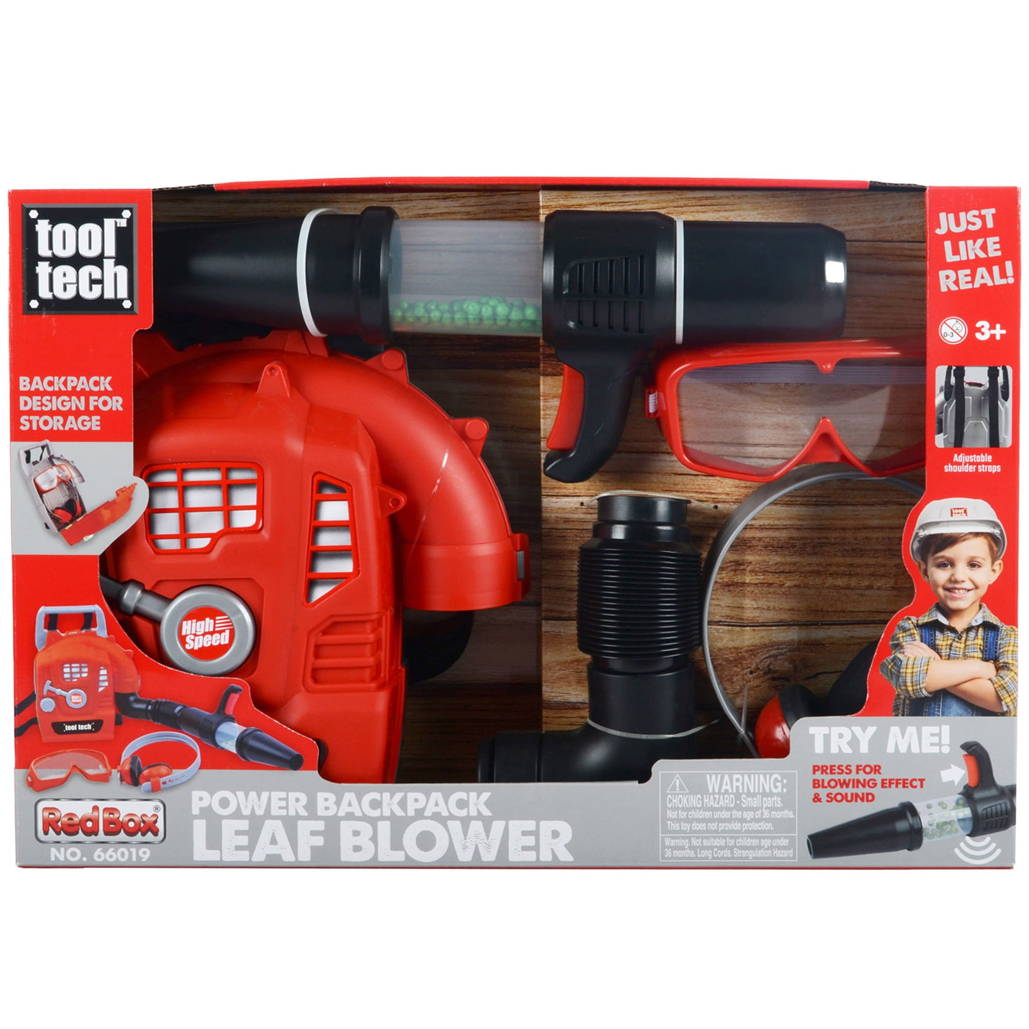 Red Box Power Backpack Leaf Blower Toy with Realistic Sound and Protective Gear (1 Set) nztz0